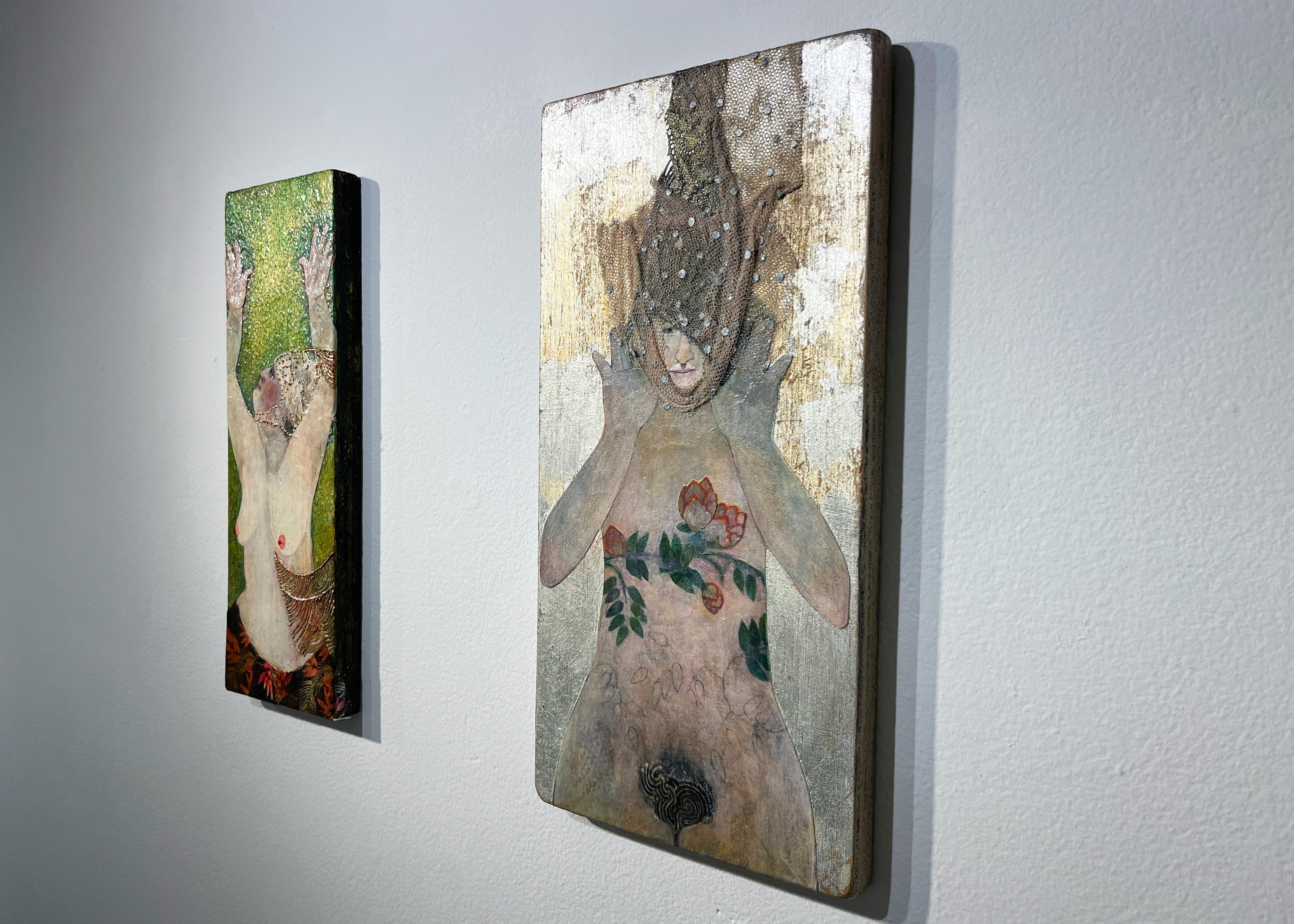 Showgirl, nude portrait of performer, green and red, mixed media on panel 4