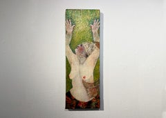 Showgirl, ritratto di nudo di una performer, verde e rosso, tecnica mista su pannello