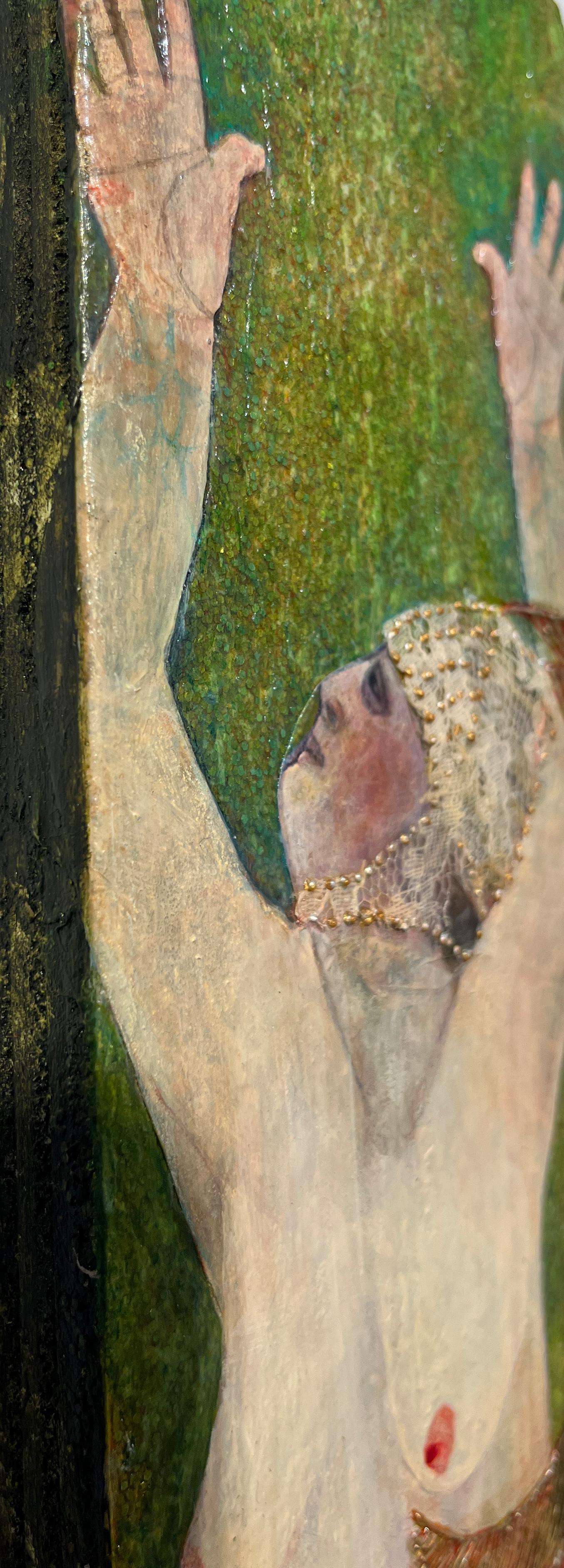 Showgirl, nacktes Porträt einer Darstellerin, grün und rot, Mischtechnik auf Tafel (Schwarz), Nude Painting, von Deirdre O'Connell