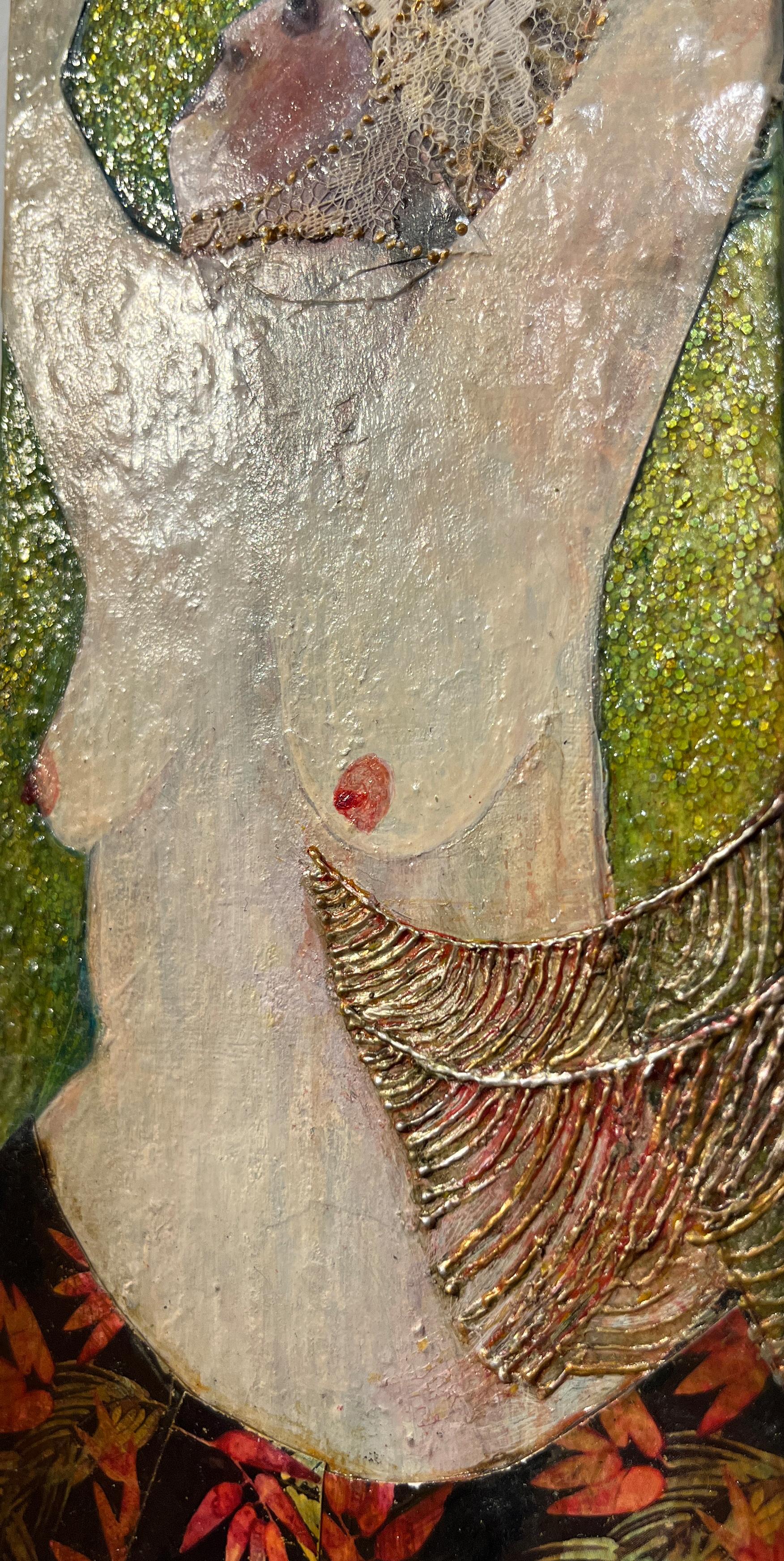 Showgirl, nude portrait of performer, green and red, mixed media on panel - Contemporary Painting by Deirdre O'Connell