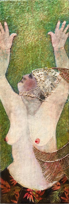 Showgirl, nude portrait of performer, green and red, mixed media on panel