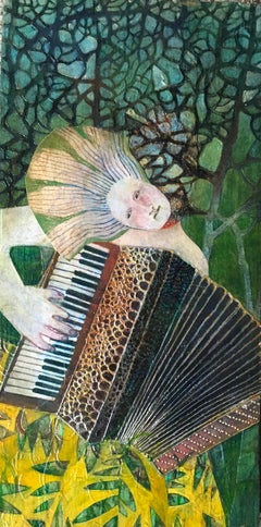 Strange Spring, mixed media portrait of woman play instrument in green garden