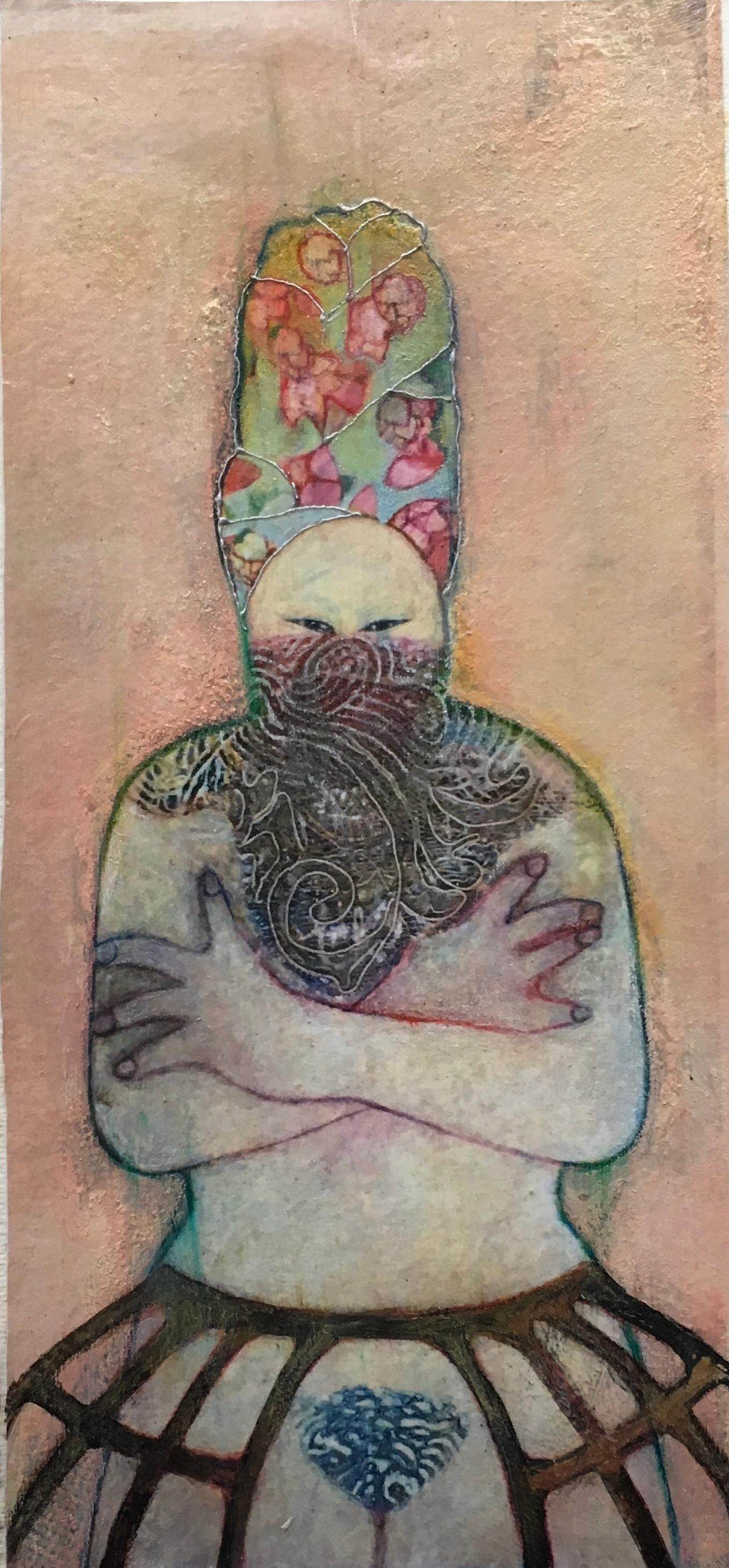 Turban, mixed media portrait of nude woman wearing floral headpiece