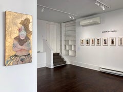 Reina Blanca, retrato en técnica mixta de mujer desnuda con tocado de plumas