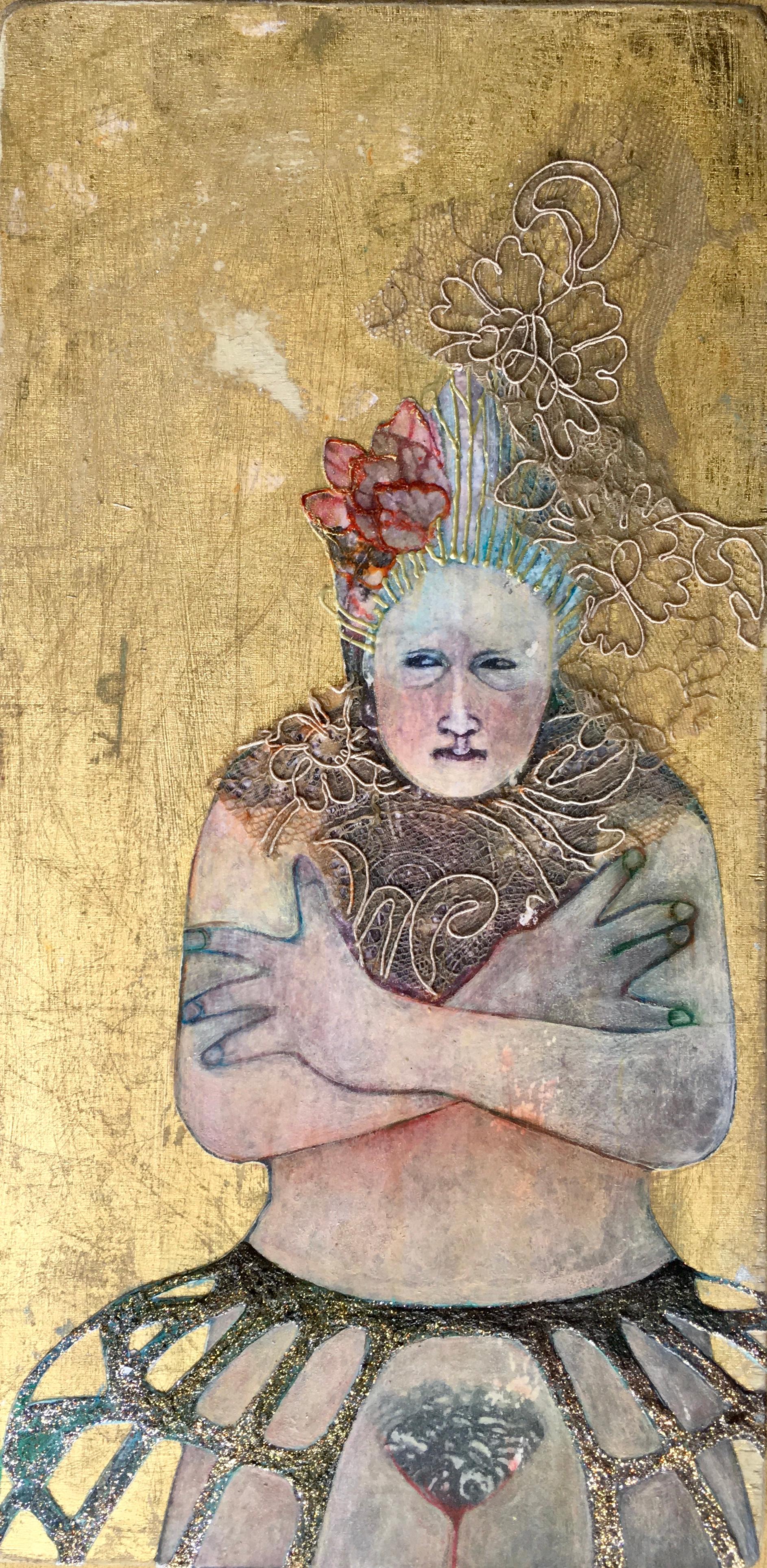 White Queen, mixed media portrait of nude woman with feather headpiece