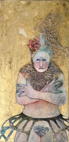 White Queen, mixed media portrait of nude woman with feather headpiece