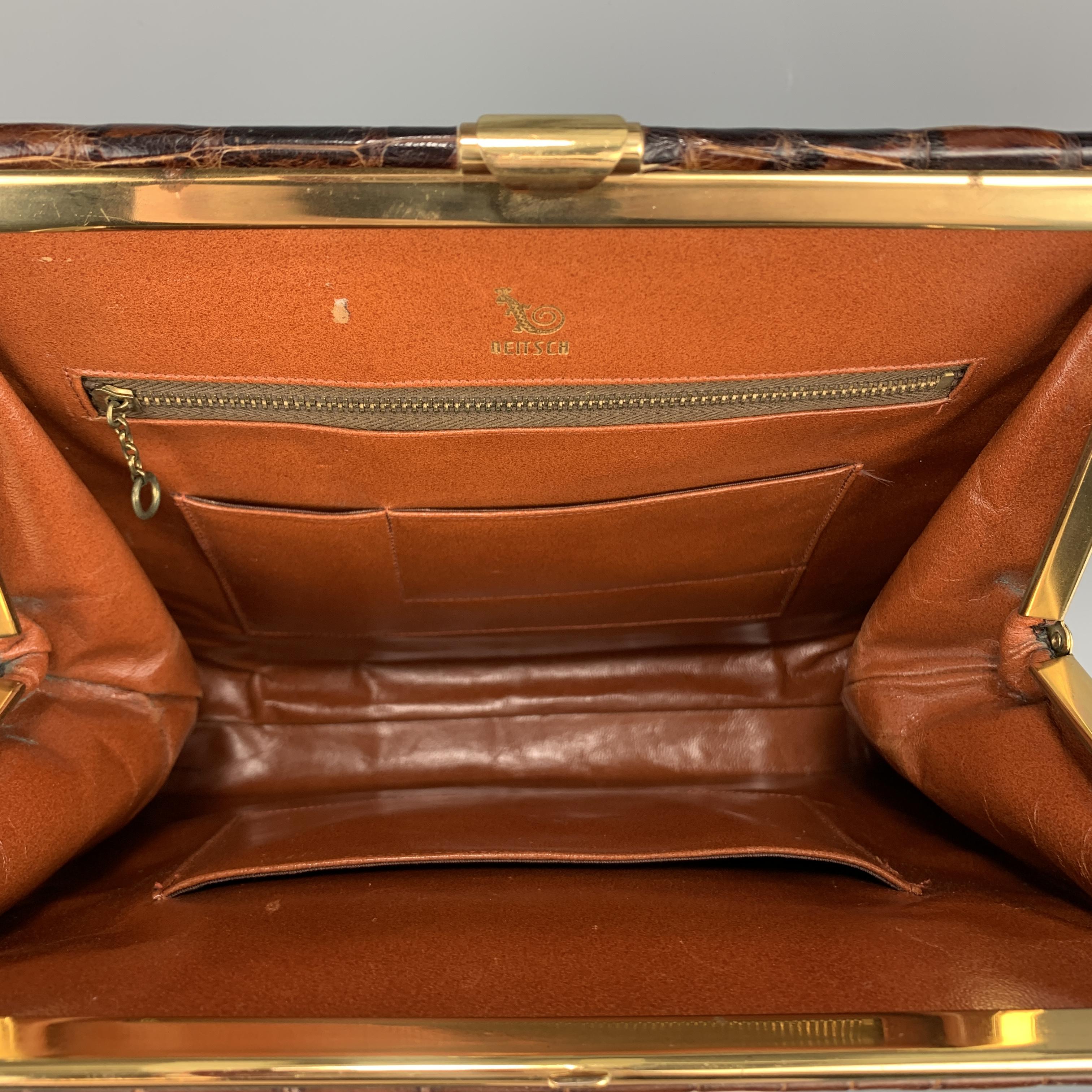 DEITSCH Vintage Brown Alligator Skin Leather Gold Brass Handbag 3