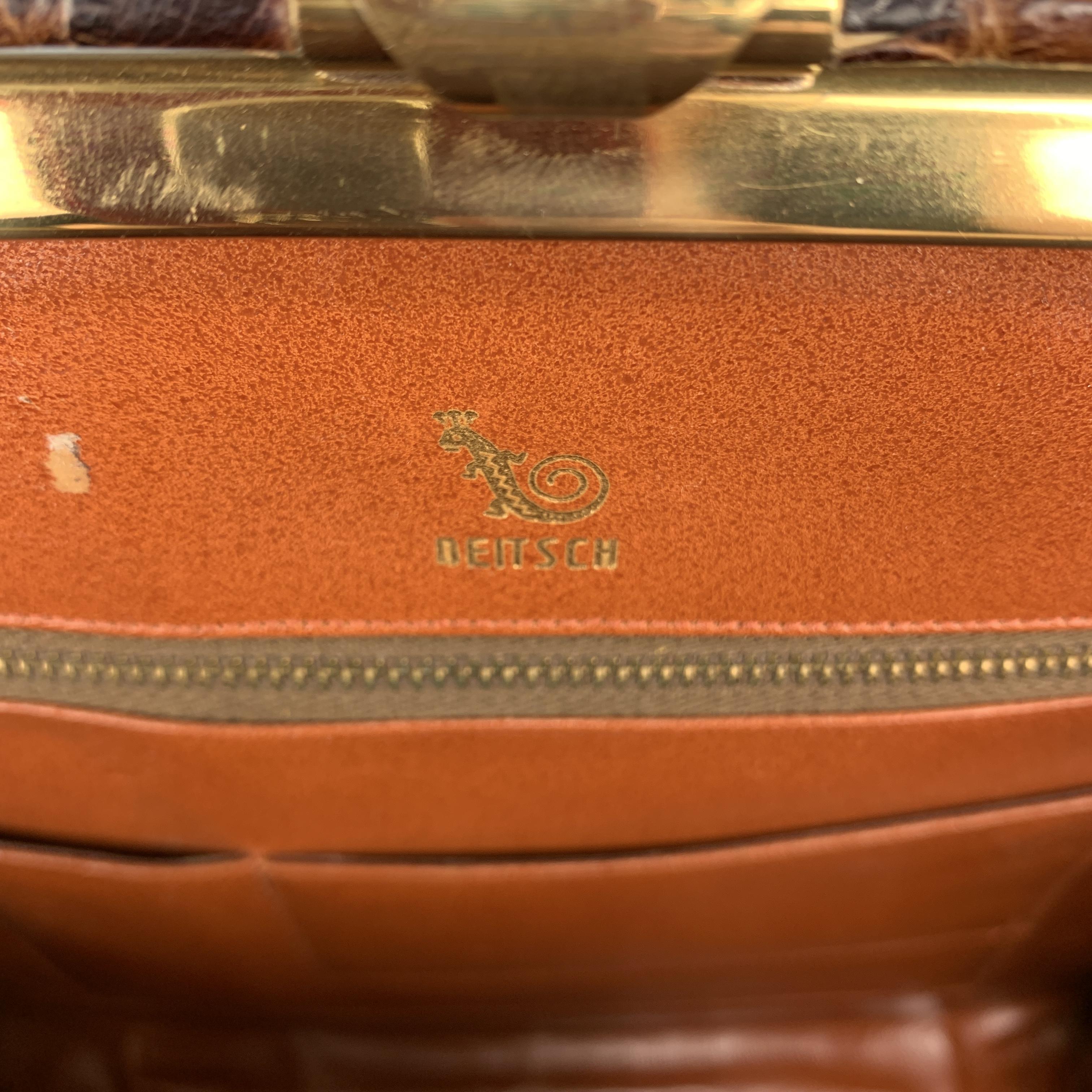 DEITSCH Vintage Brown Alligator Skin Leather Gold Brass Handbag 4
