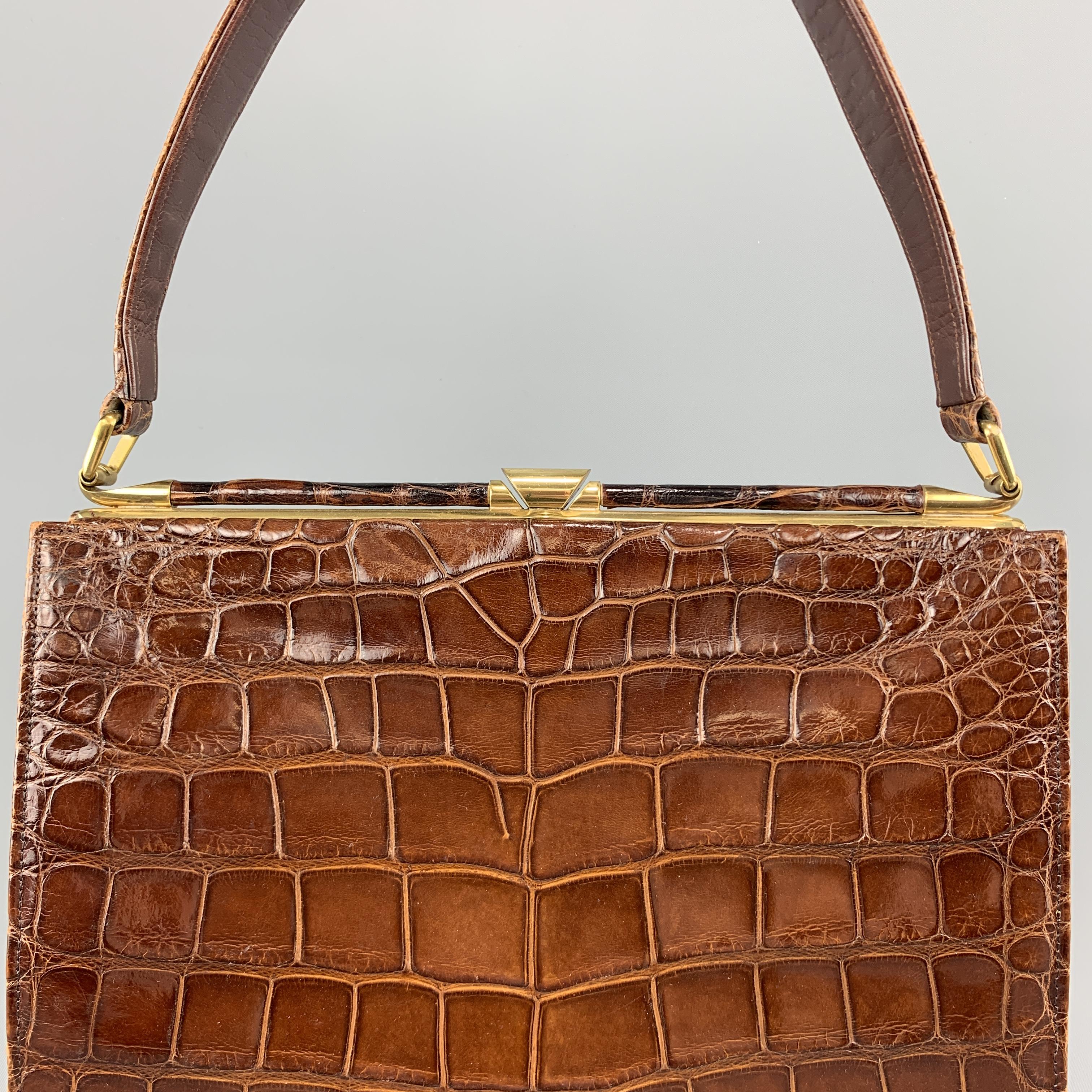 DEITSCH Vintage Brown Alligator Skin Leather Gold Brass Handbag In Good Condition In San Francisco, CA
