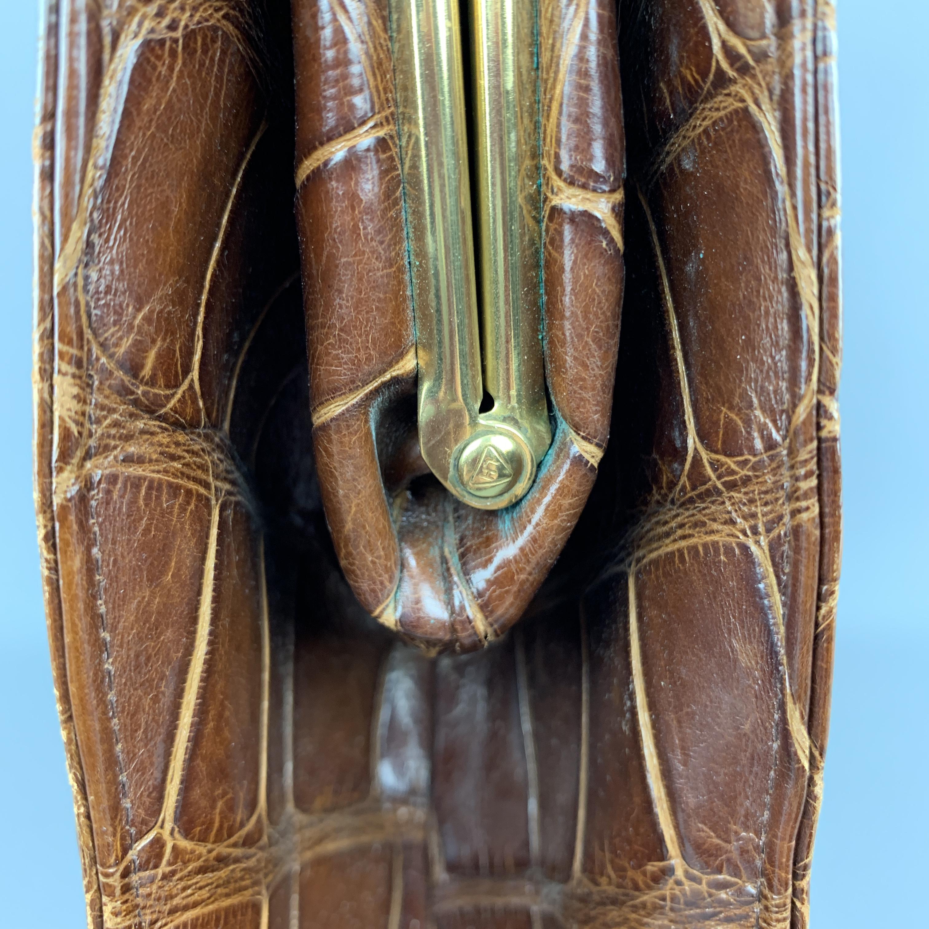 DEITSCH Vintage Brown Alligator Skin Leather Gold Brass Handbag 1