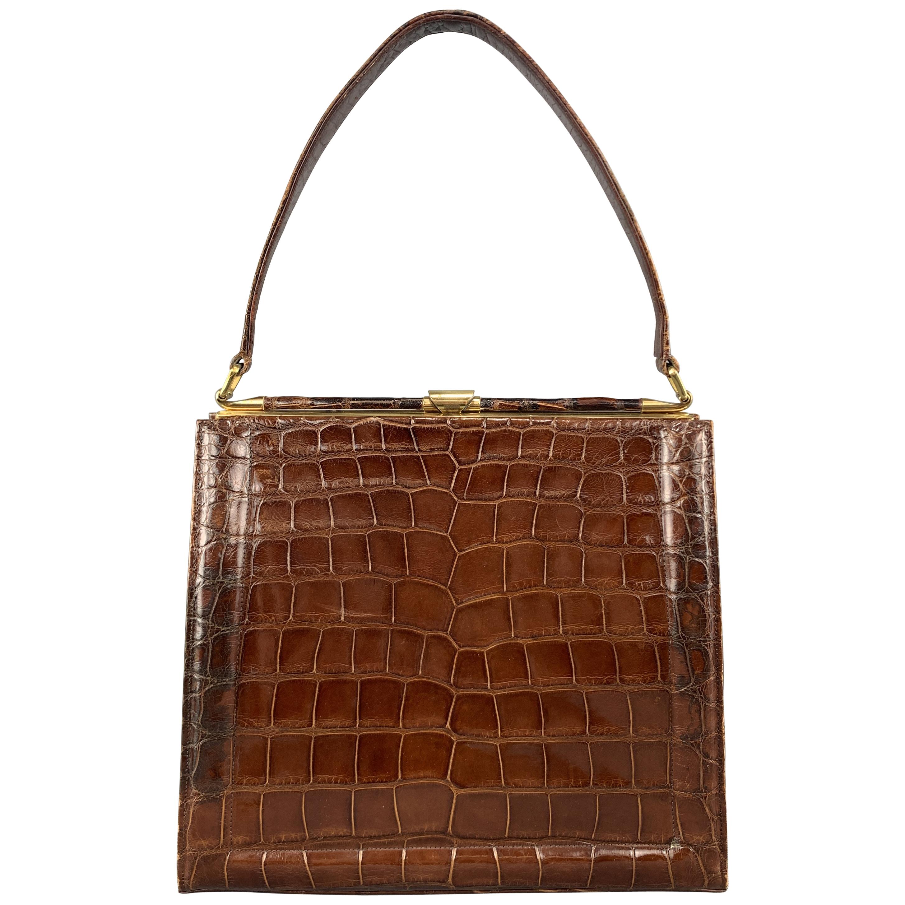 DEITSCH Vintage Brown Alligator Skin Leather Gold Brass Handbag