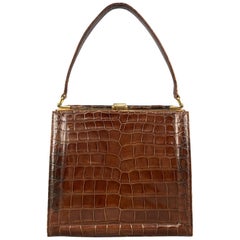 DEITSCH Vintage Brown Alligator Skin Leather Gold Brass Handbag