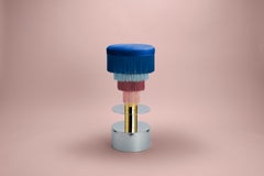 Deja Vu Blue and Pink Stool with 24-Karat Gold-Plated Metal and Velvet Fringes
