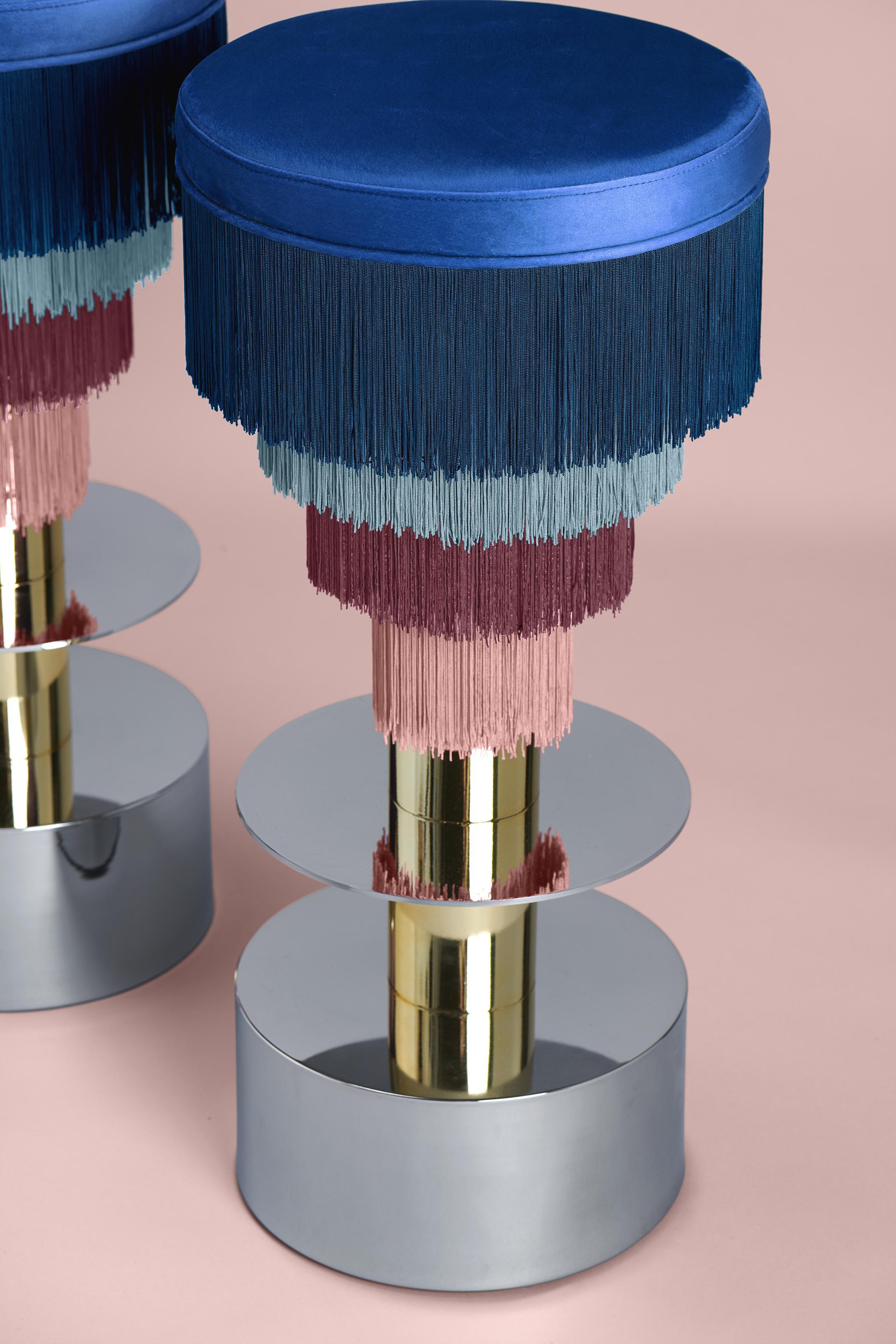 Other Deja Vu Blue and Pink Stool with 24-Karat Gold-Plated Metal and Velvet Fringes For Sale