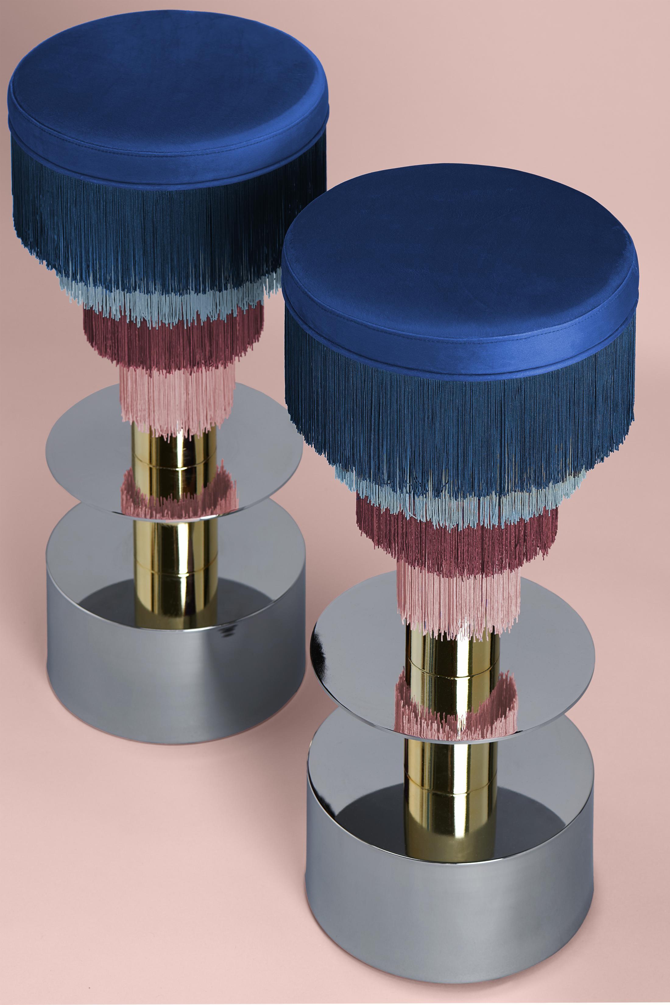 Spanish Deja Vu Blue and Pink Stool with 24-Karat Gold-Plated Metal and Velvet Fringes For Sale