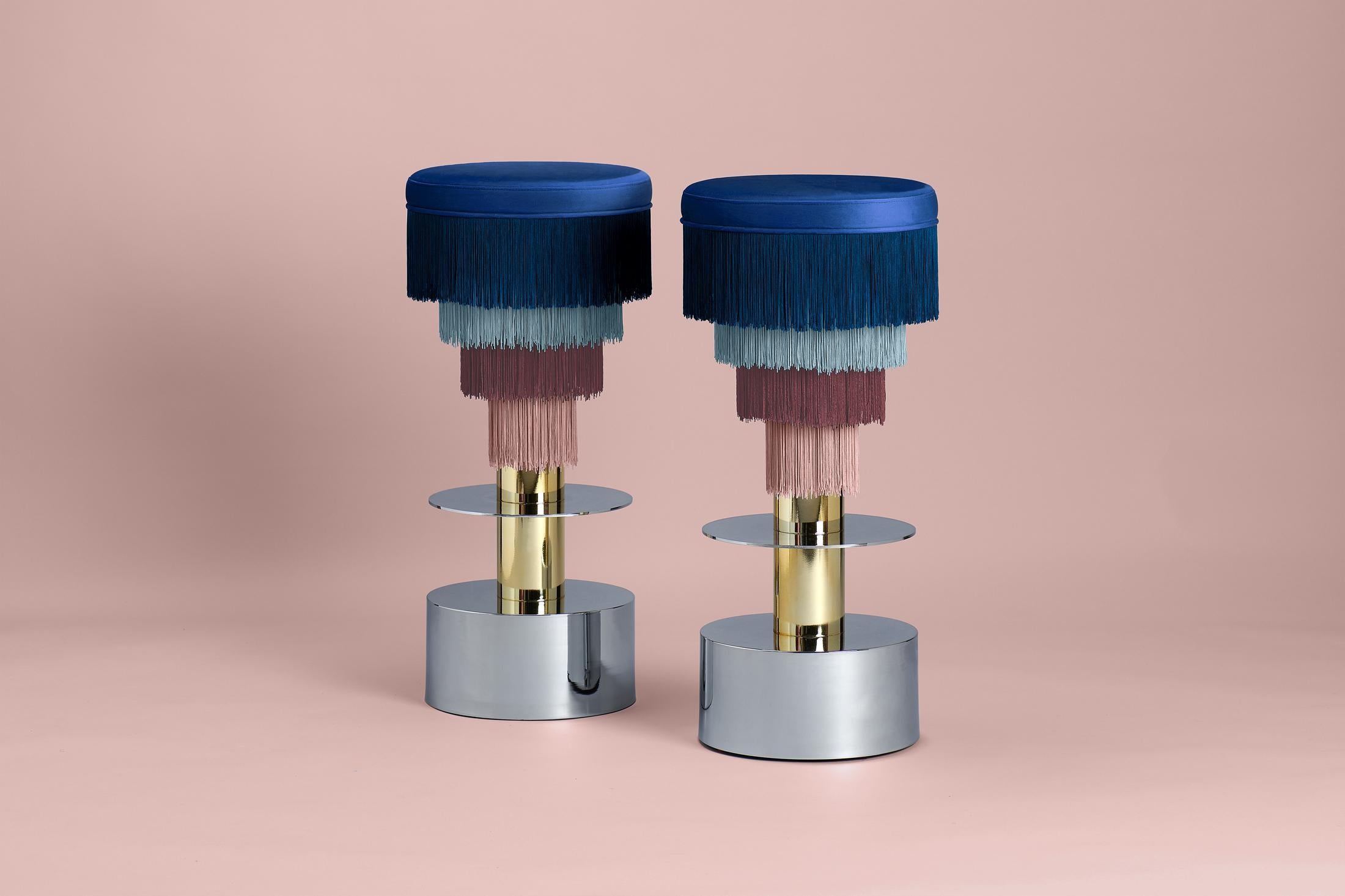 Deja Vu Blue and Pink Stool with 24-Karat Gold-Plated Metal and Velvet Fringes In New Condition For Sale In Firenze, IT