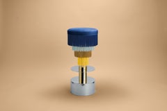 Deja Vu Blue and Yellow Stool with 24-Karat Gold-Plated Metal and Velvet Fringes