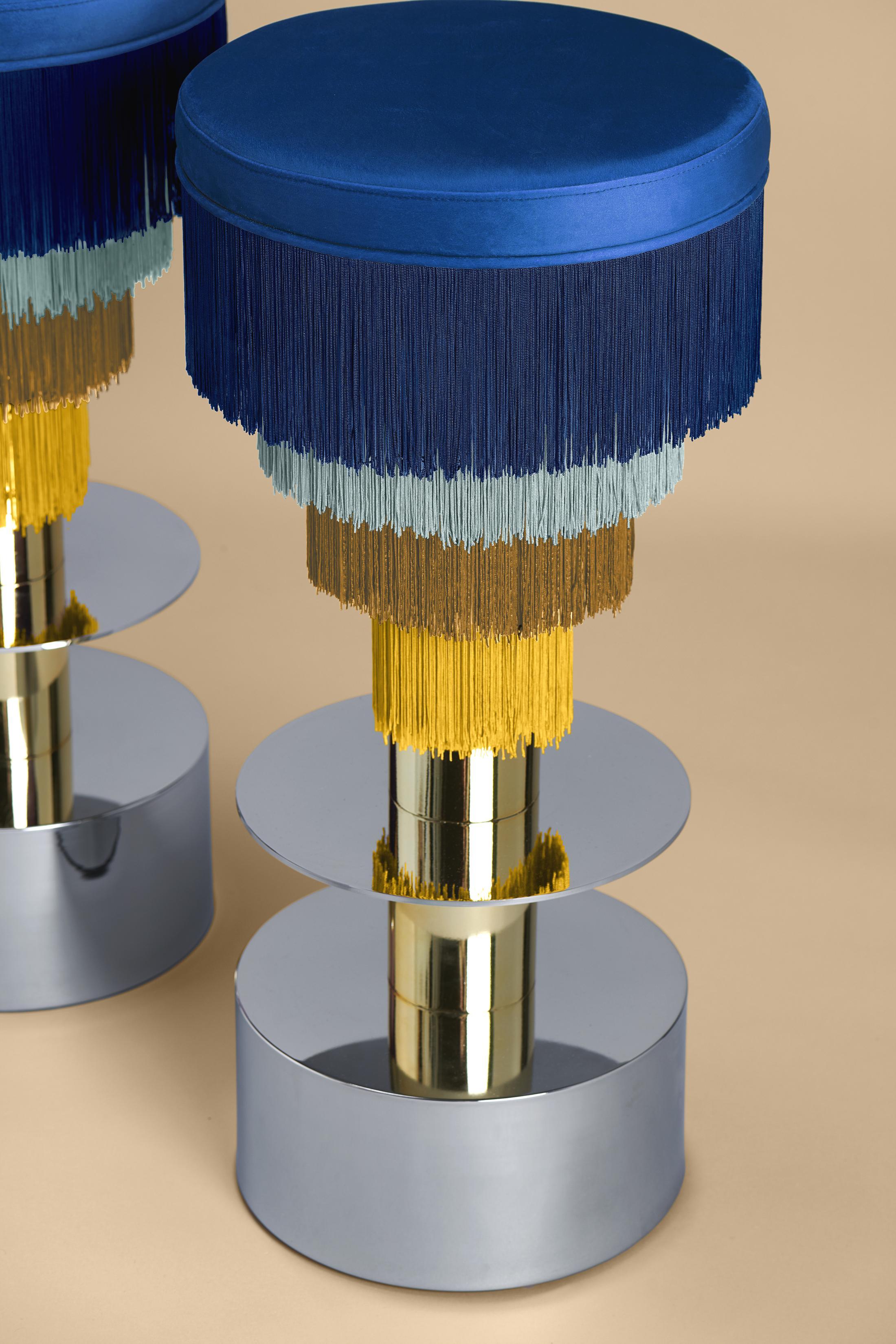 Other Deja Vu Blue and Yellow Stool with 24-Karat Gold-Plated Metal and Velvet Fringes For Sale