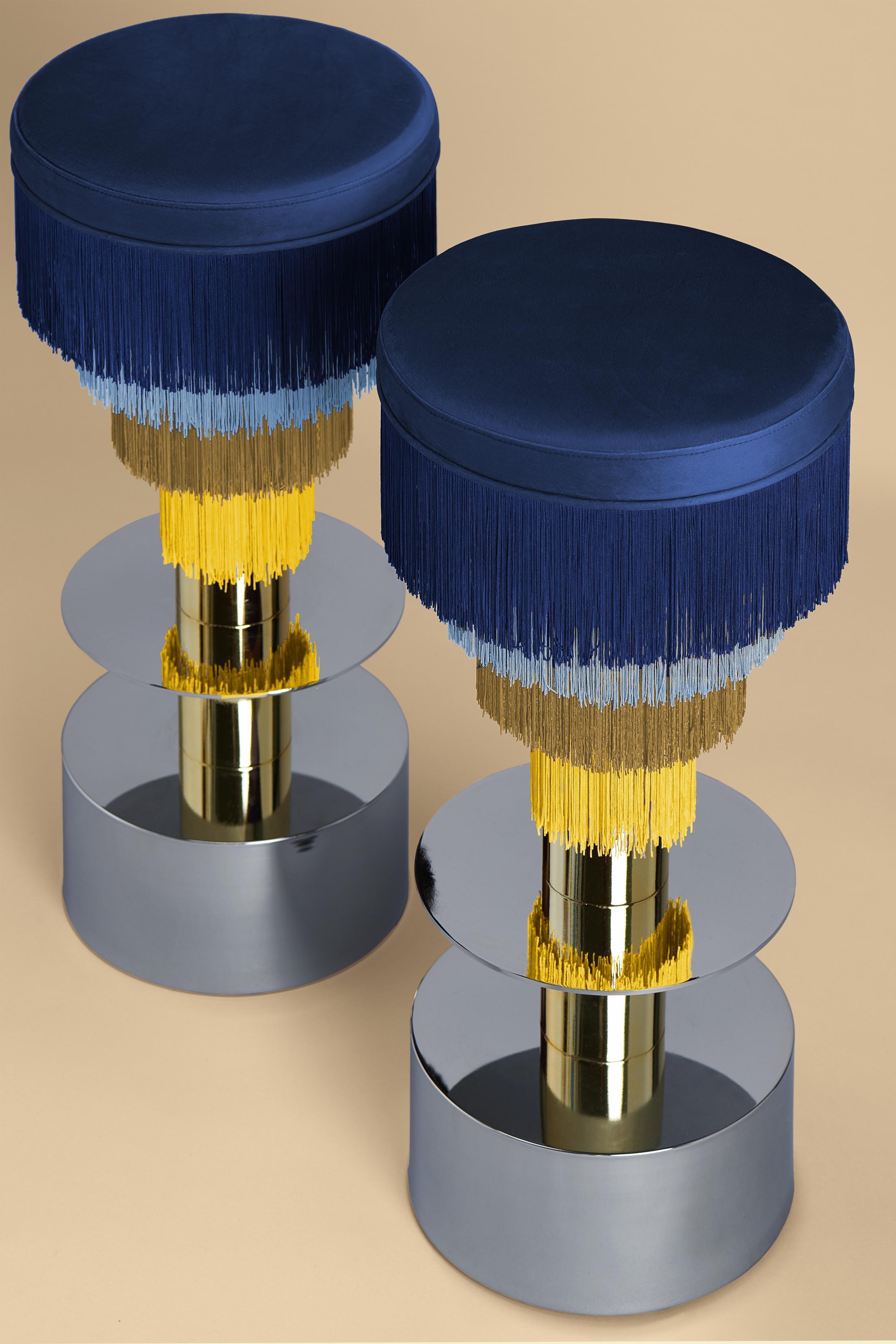 Spanish Deja Vu Blue and Yellow Stool with 24-Karat Gold-Plated Metal and Velvet Fringes For Sale