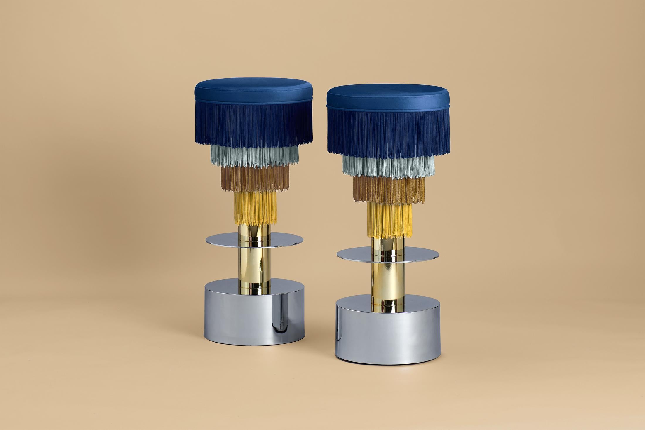 Deja Vu Blue and Yellow Stool with 24-Karat Gold-Plated Metal and Velvet Fringes In New Condition For Sale In Firenze, IT