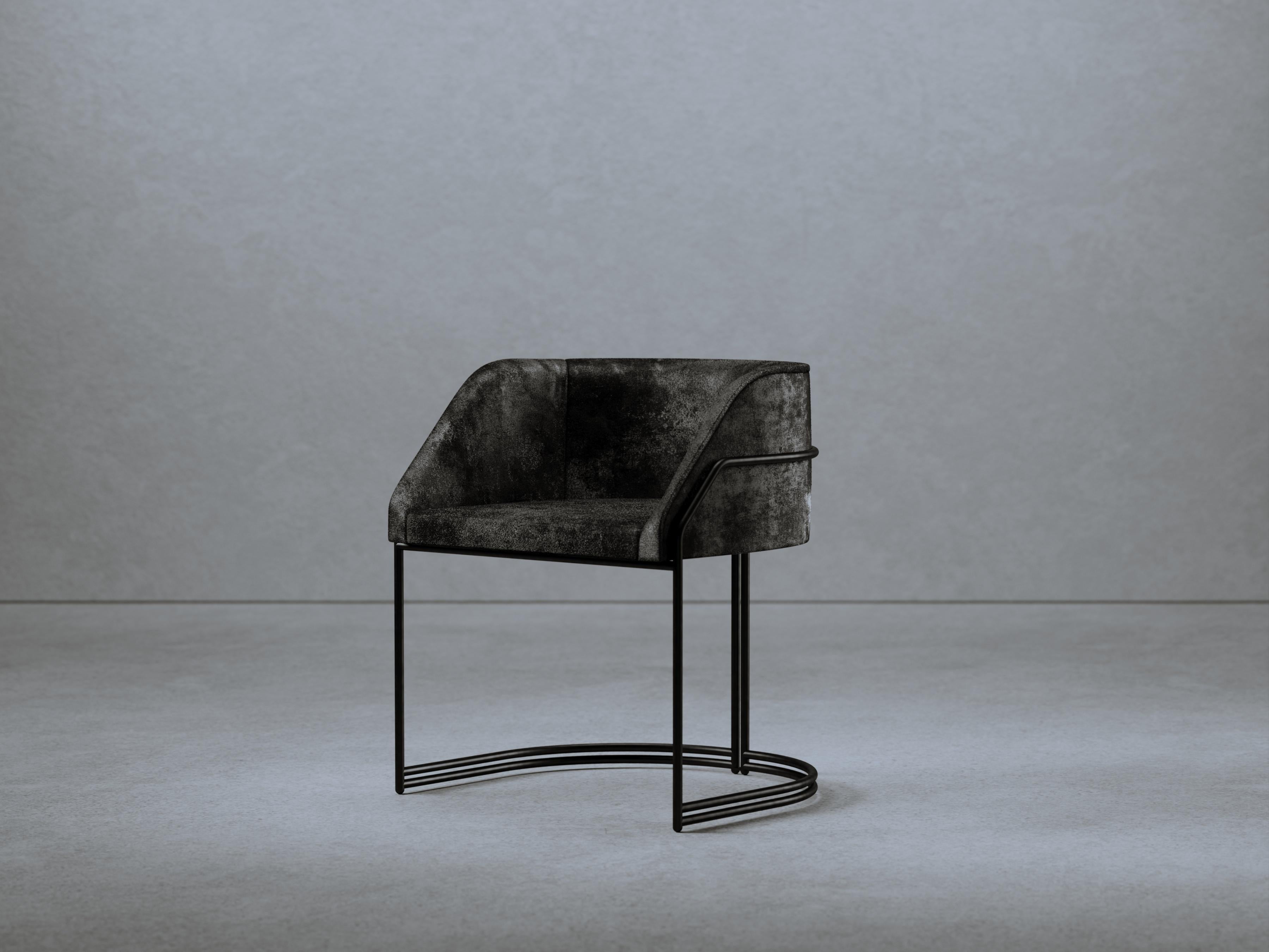 Dejà Vu Chair by Gio Pagani
Dimensions: D 55 x W 59 x H 69 cm. SH: 47 cm.
Materials: Matte black metal and black wild leather.

In a fluid society capable of mixing infinite social and cultural varieties, the nostalgic search for reworked aesthetics