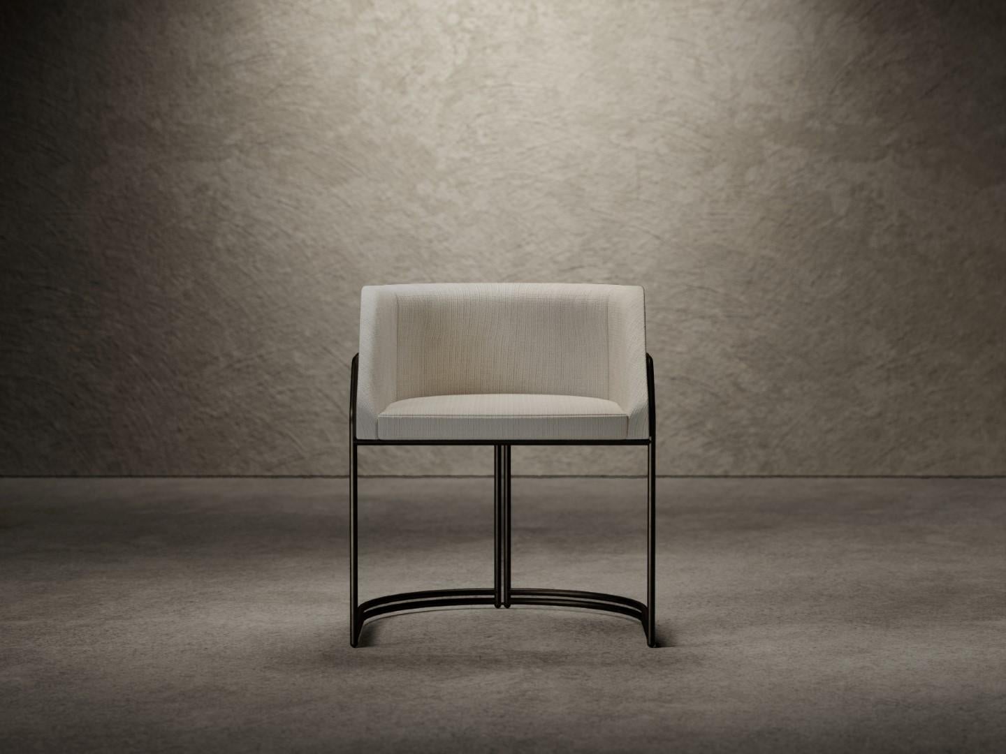 Déjà Vu chair is composed of a wooden shell padded with different densities polyurethane foam and finished with an upper layer of acrylic fiber. 
The seat is available completely covered in fabric or leather, while the base is in the metal finishes