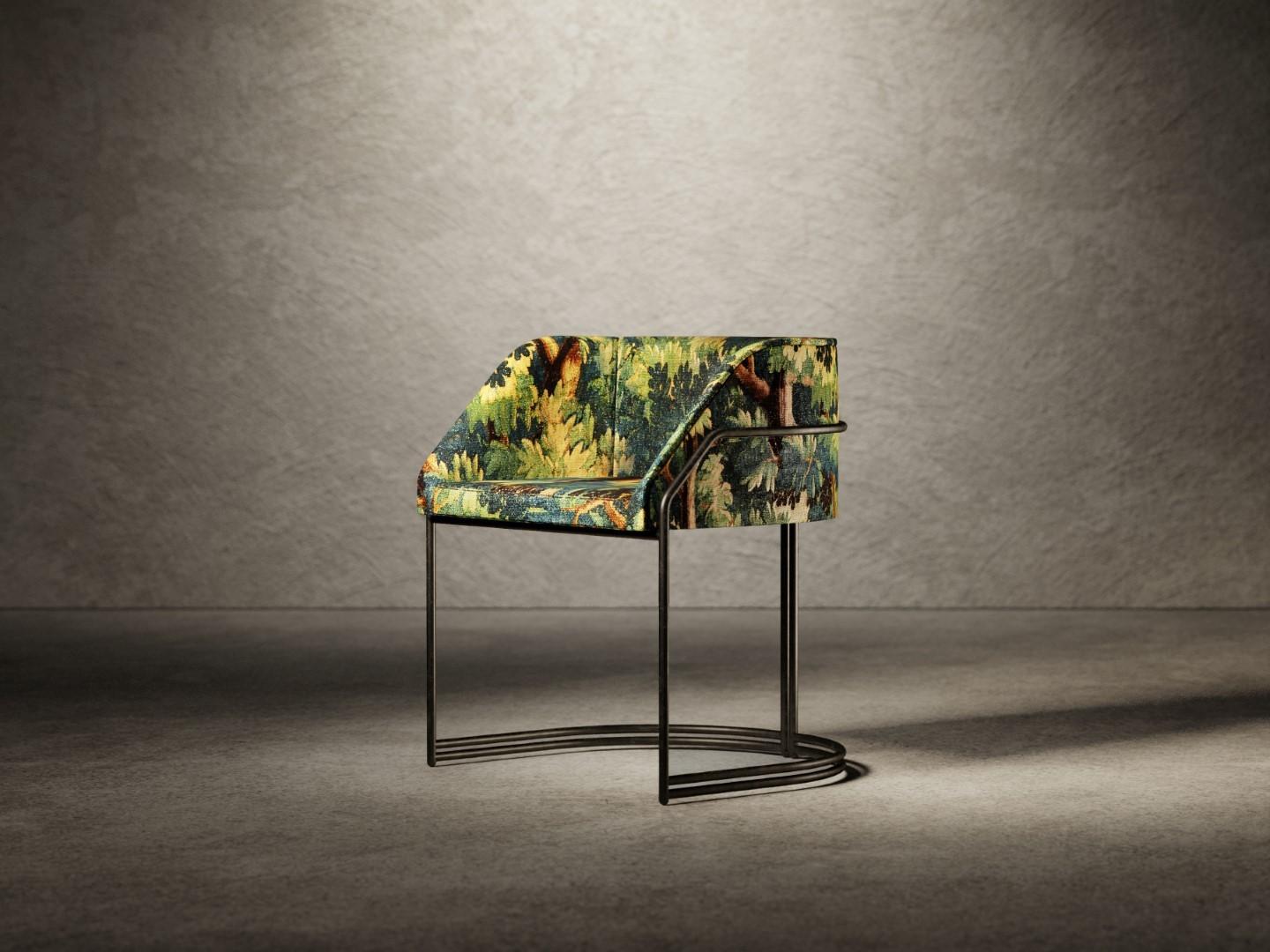 Modern Déjà Vu Chair in Textured Fabric and Black Matte Metal For Sale