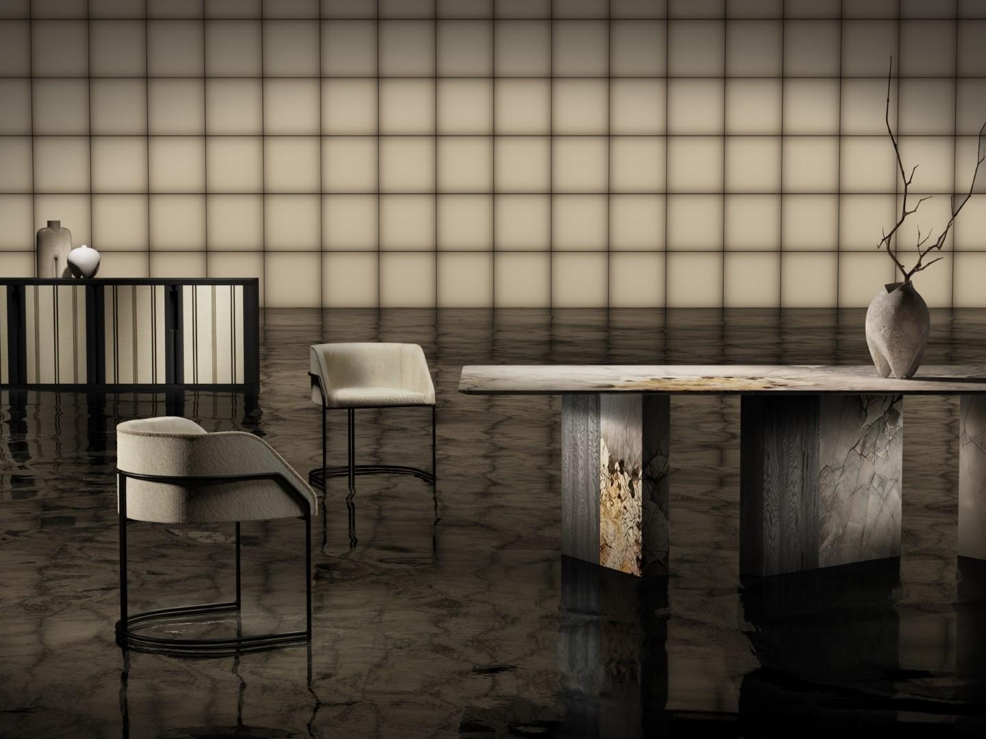 Déjà Vu Stuhl aus strukturiertem Stoff und schwarzem, mattem Metall (Verzinkt) im Angebot