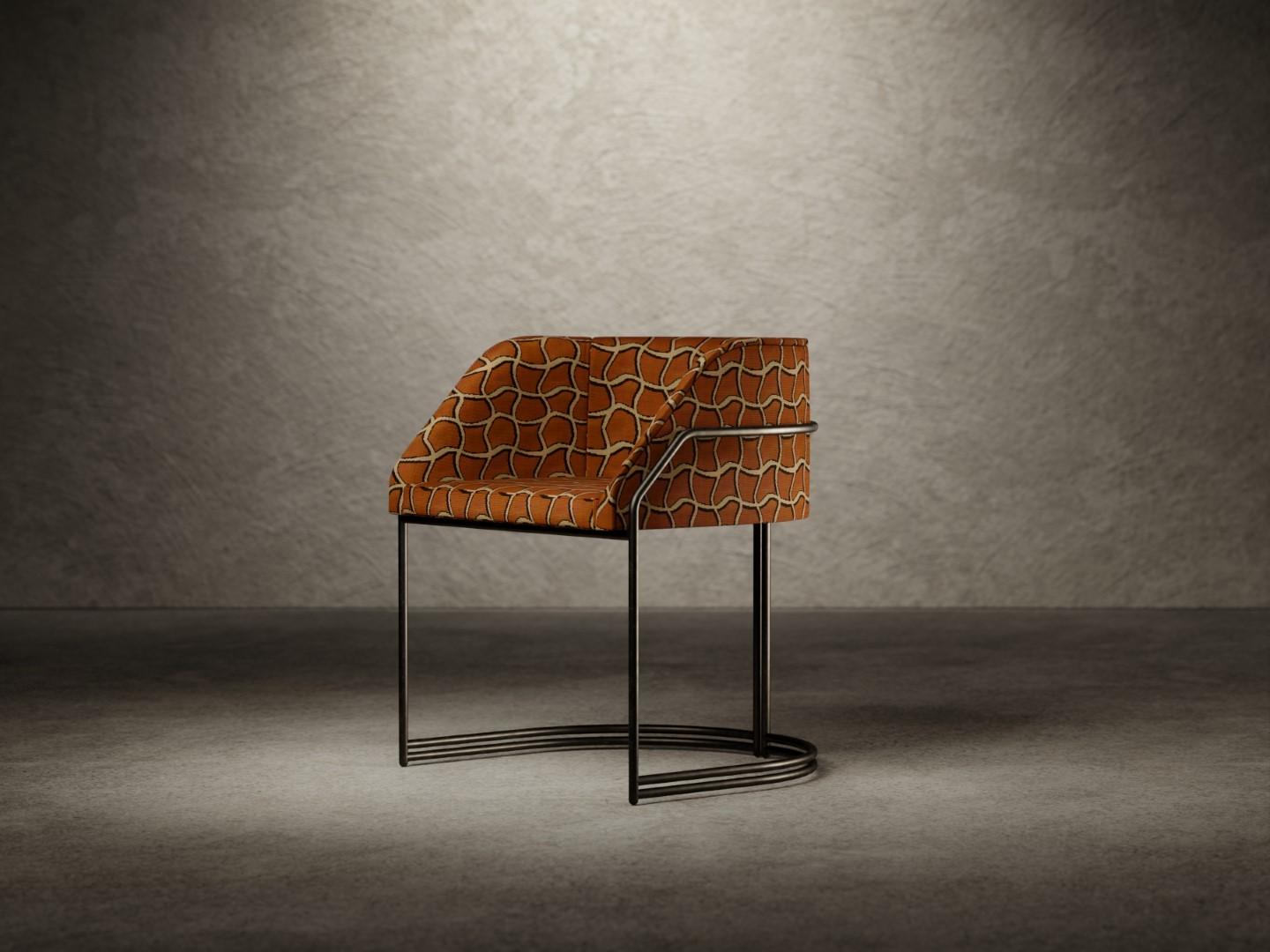 Déjà Vu chair is composed of a wooden shell padded with different densities polyurethane foam and finished with an upper layer of acrylic fiber. 
The seat is available completely covered in fabric or leather, while the base is in the metal finishes
