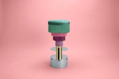 Deja Vu Green and Pink Stool with 24-Karat Gold-Plated Metal and Velvet Fringes