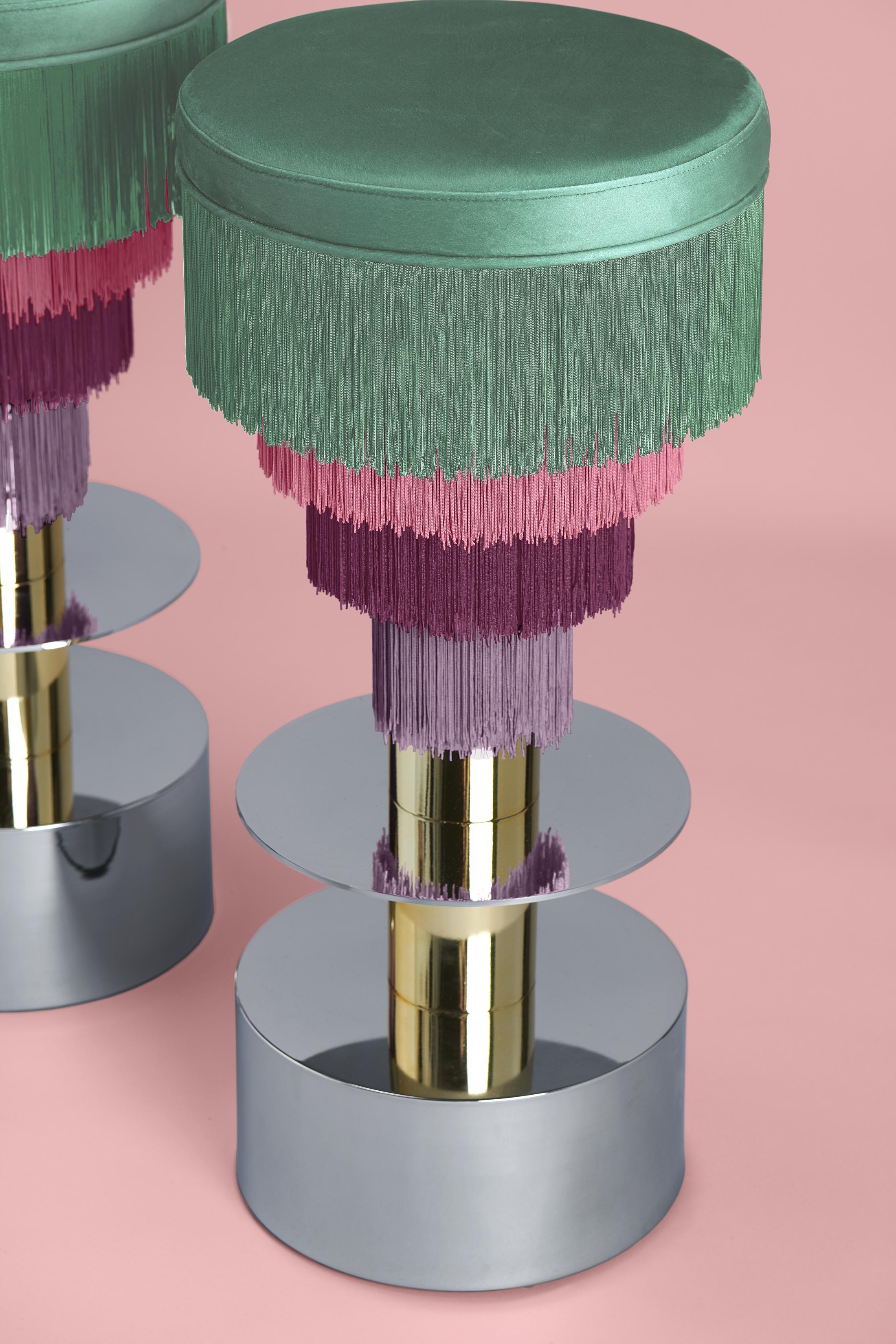 Other Deja Vu Green and Pink Stool with 24-Karat Gold-Plated Metal and Velvet Fringes For Sale