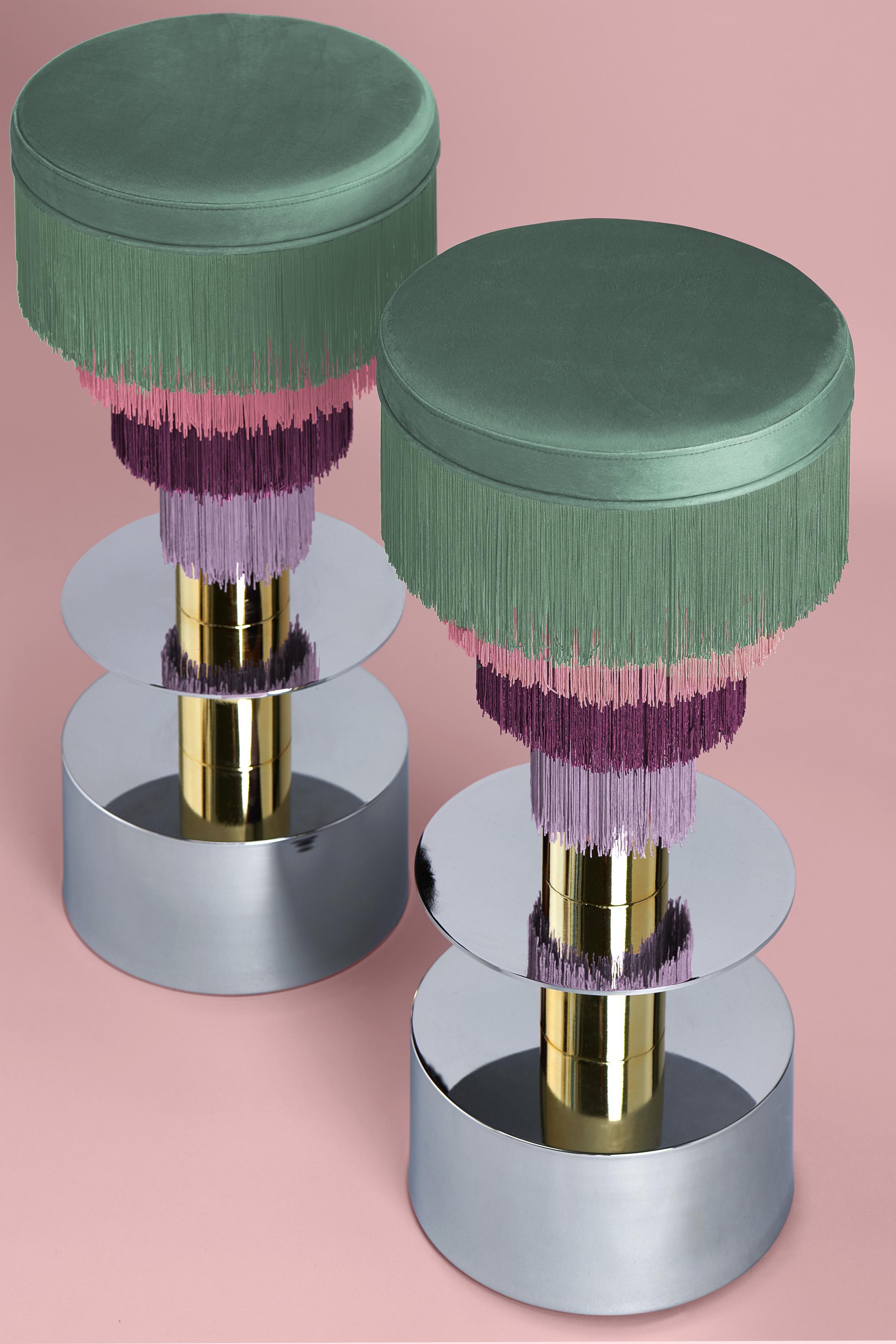 Spanish Deja Vu Green and Pink Stool with 24-Karat Gold-Plated Metal and Velvet Fringes For Sale
