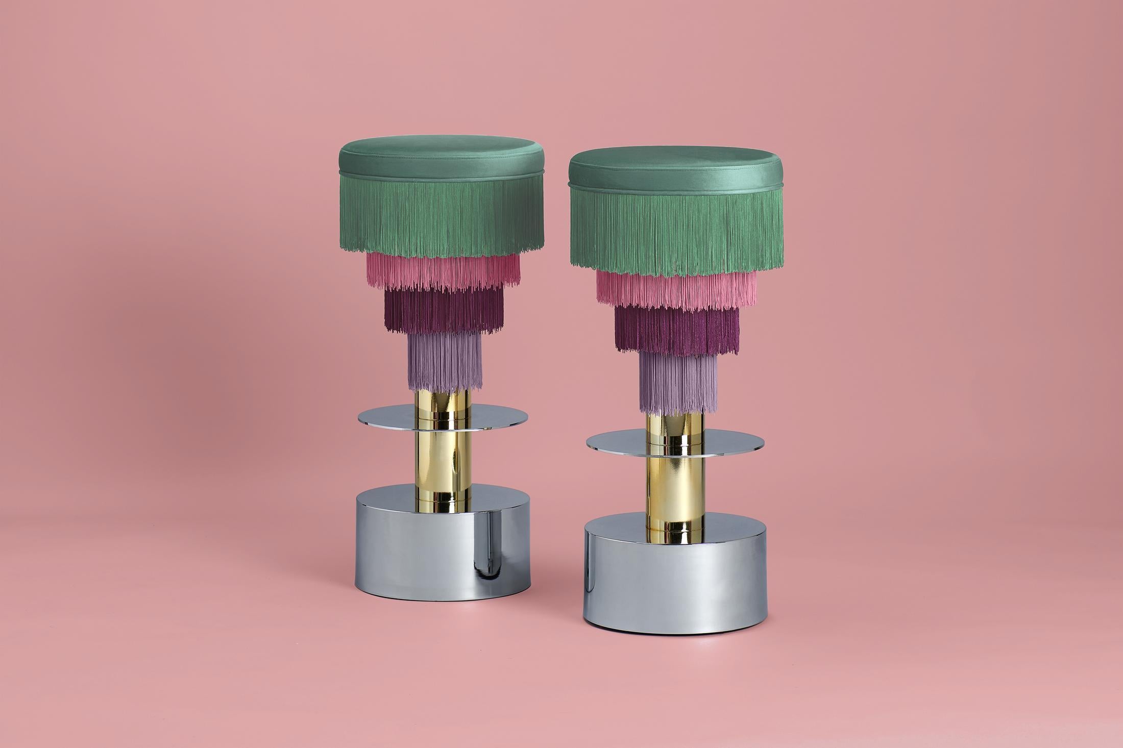 Deja Vu Green and Pink Stool with 24-Karat Gold-Plated Metal and Velvet Fringes In New Condition For Sale In Firenze, IT