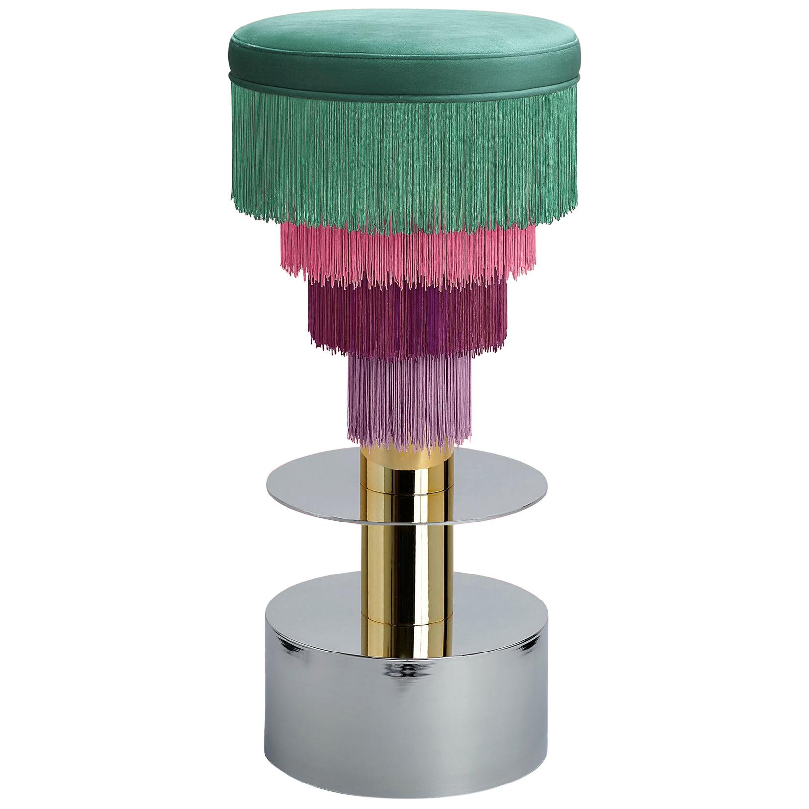 Deja Vu Green and Pink Stool with 24-Karat Gold-Plated Metal and Velvet Fringes For Sale
