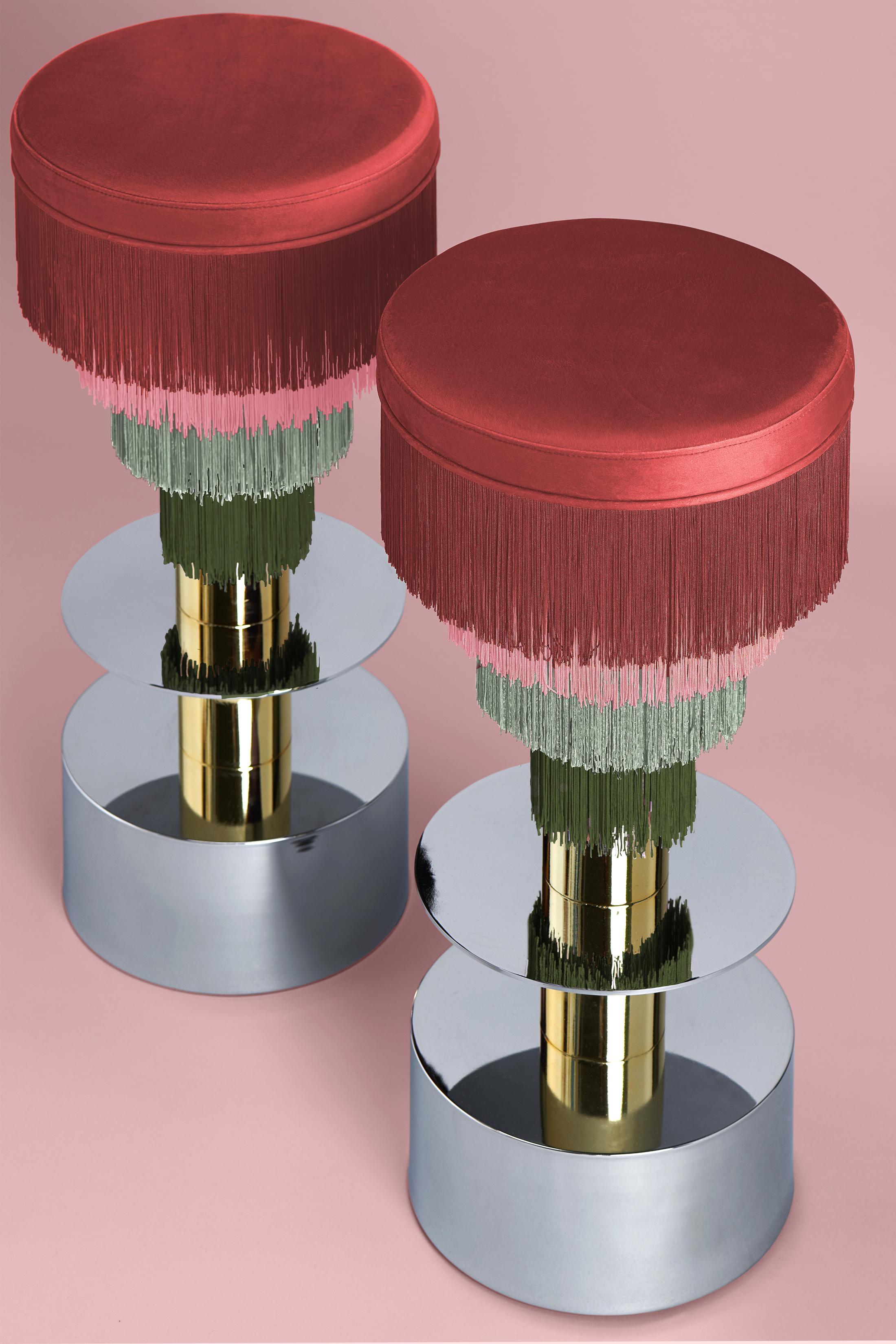 Other Deja Vu Red and Green Stool with 24-Karat Gold-Plated Metal and Velvet Fringes For Sale