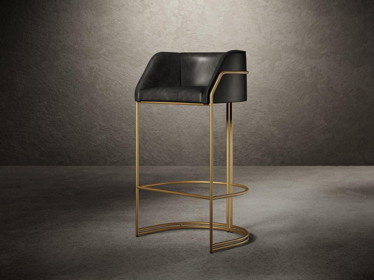 Italian Déjà Vu Stool in Black Leather and Brushed Brass For Sale