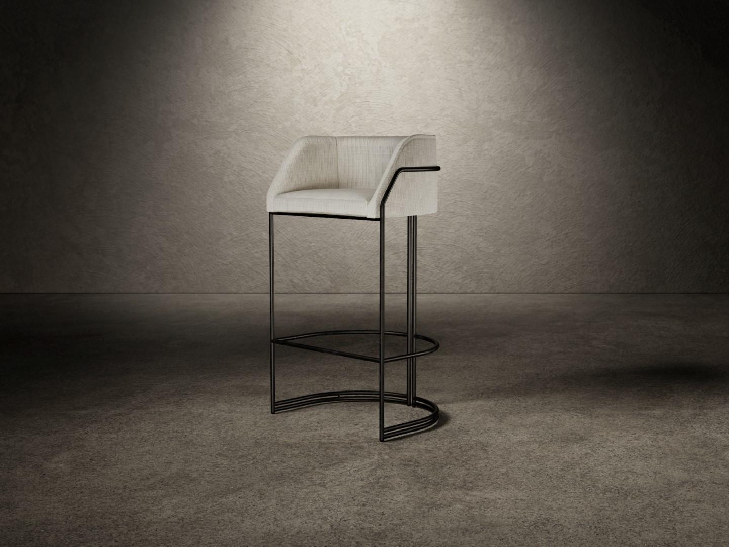 Déjà Vu stool is composed of a wooden shell padded with different densities polyurethane foam and finished with an upper layer of acrylic fiber. 
The Déjà Vu stool is available in two different heights, with the seat completely covered in fabric or