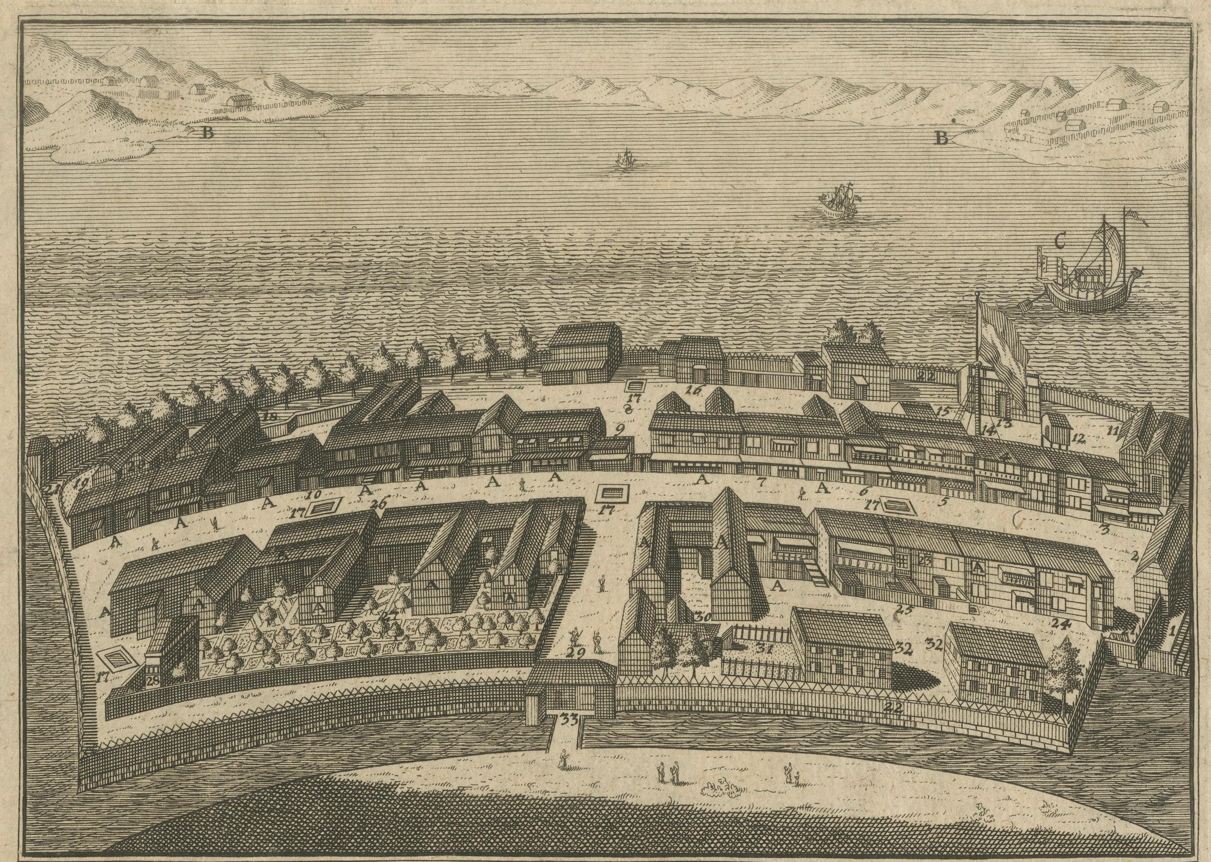 Dejima (Desima) Dutch Trading Post, Nagasaki Japan – VOC Engraving, 1736