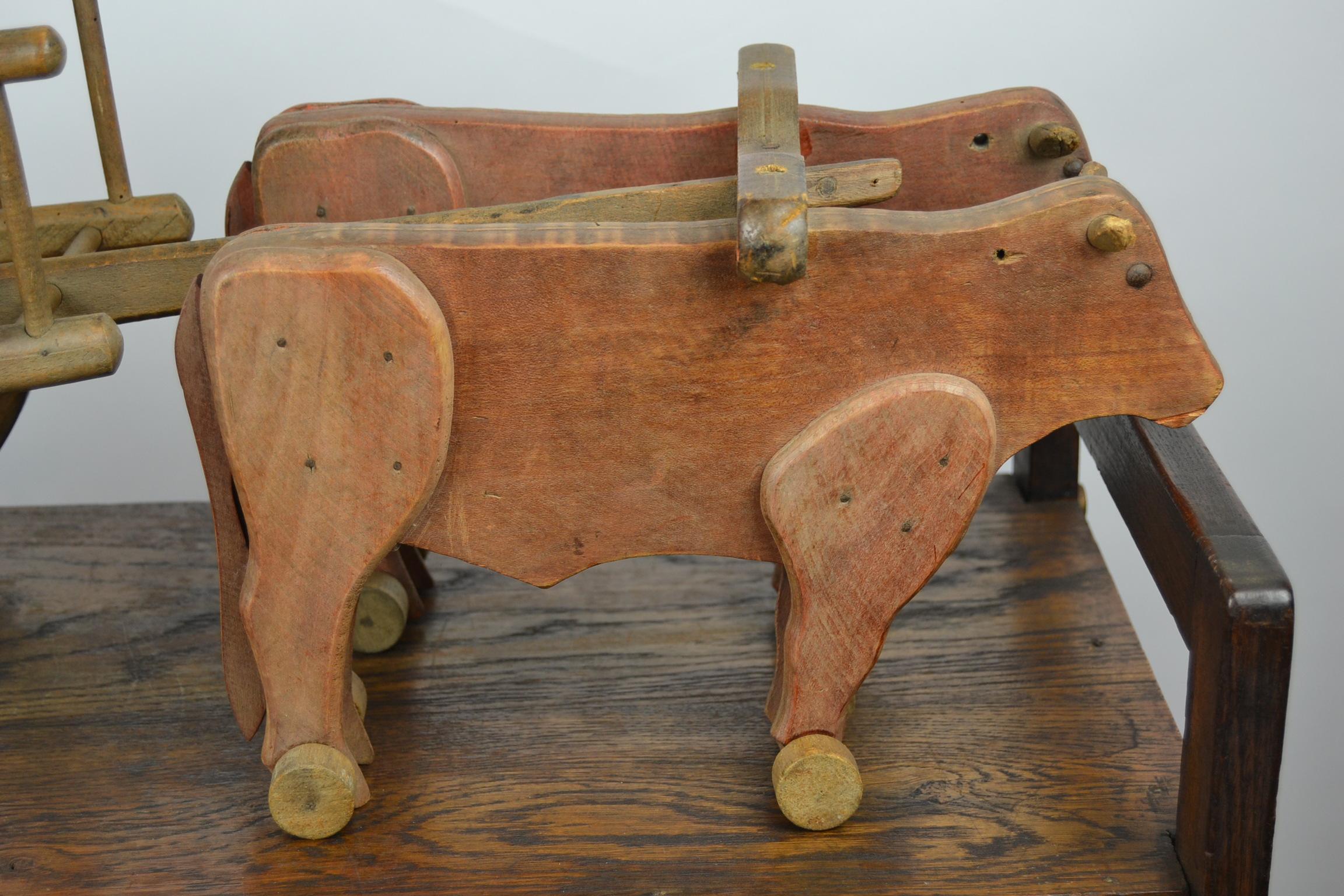 Rustic 1940s Wooden Oxcart Pull Toy by Dejou , France For Sale