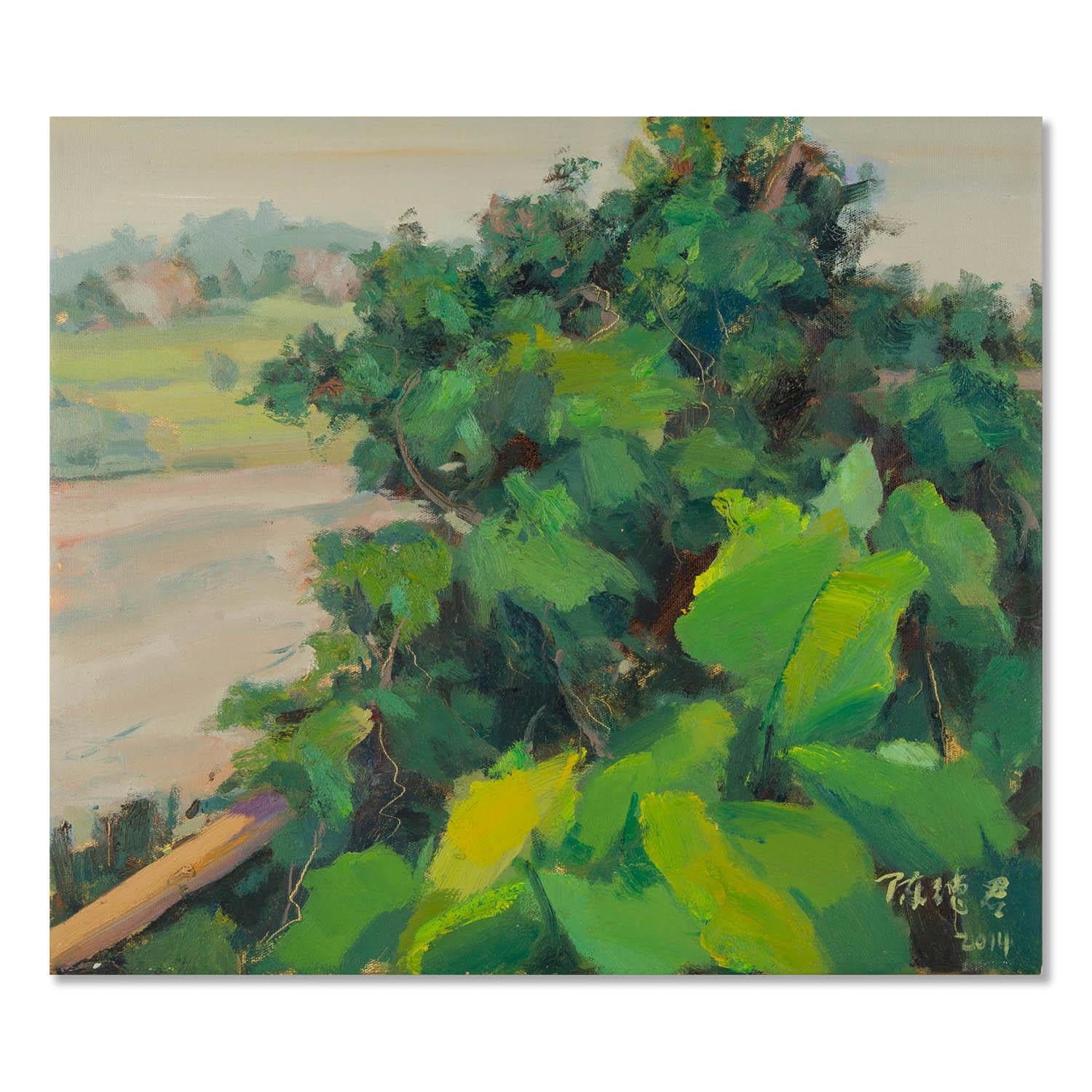 Dejun Chen Landscape Original Oil On Canvas "Riverside Spring Scenery"