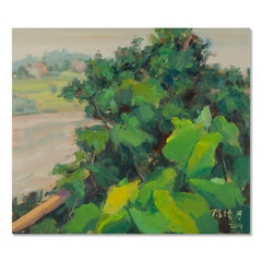 Paesaggio di Dejun Chen Olio originale su tela "Paesaggio di primavera a fiume"