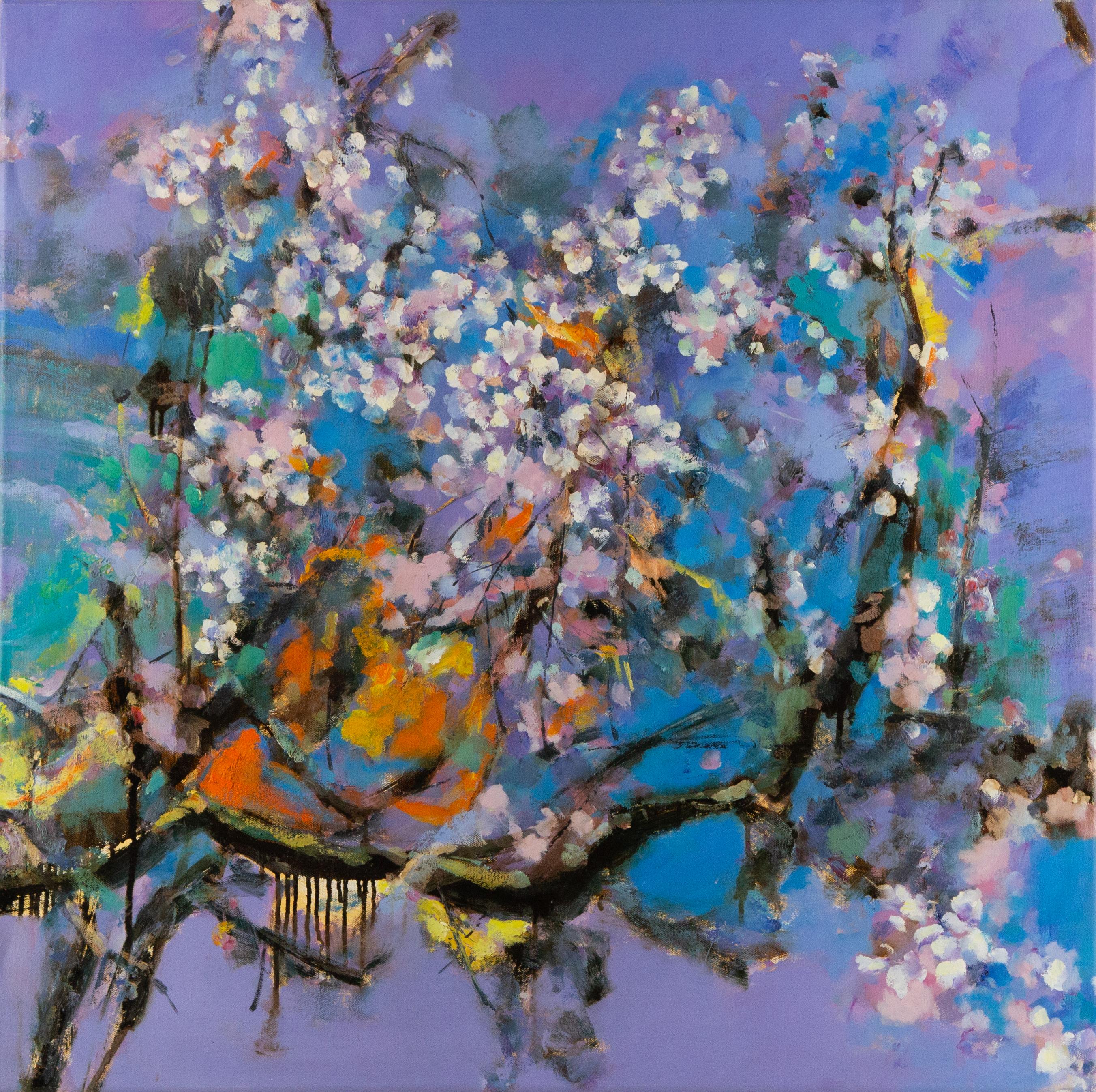  Title: Blooming Flower
 Medium: Oil on canvas
 Size: 38 x 38 inches
 Frame: Framing options available!
 Note: This painting is unstretched
 Year: 2000 Circa
 Artist: Dejun Chen
 Signature: Unsigned
 Signature Location: N/A
 Provenance: Direct from