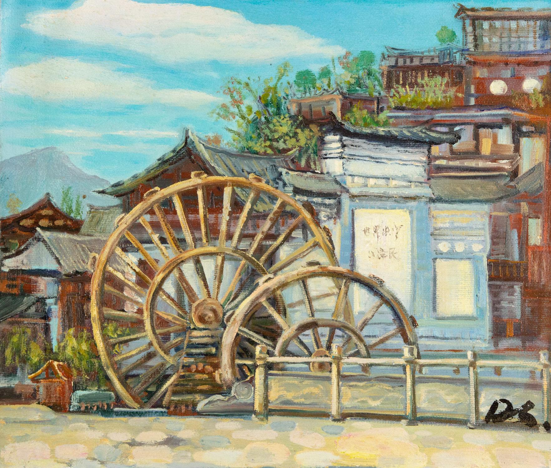 Dejun Wang Landscape Painting - DeJun Wang Landscape Original Oil On Canvas "Lijiang Scenery"