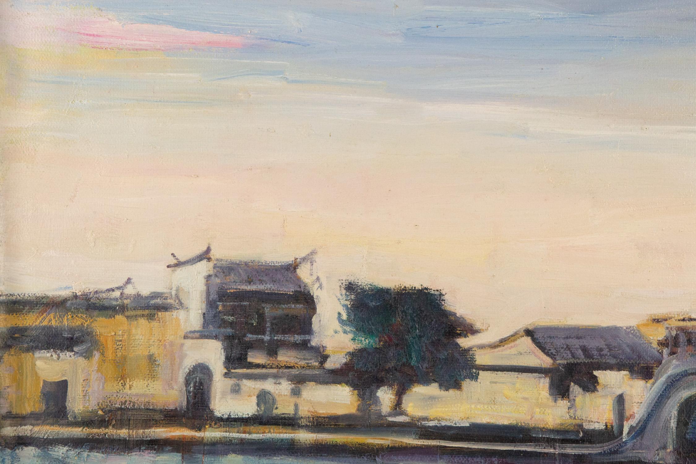 Peinture à l'huile originale sur toile « Water Town Sunset » de Dejun Wang, paysage de ville en vente 1