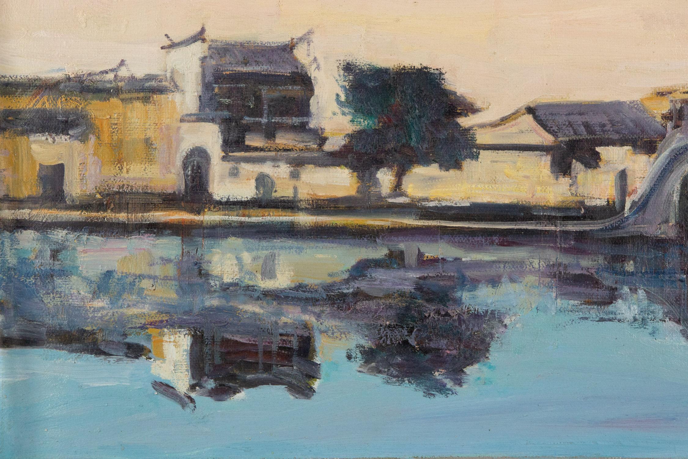 Peinture à l'huile originale sur toile « Water Town Sunset » de Dejun Wang, paysage de ville en vente 2