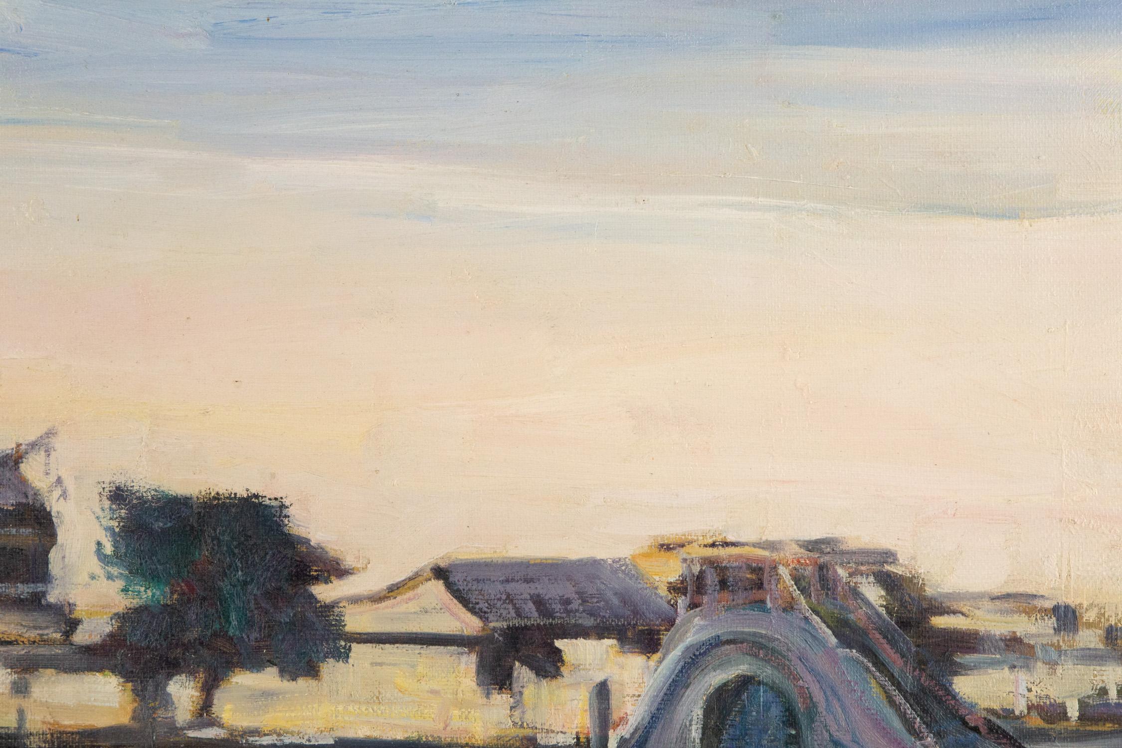 Peinture à l'huile originale sur toile « Water Town Sunset » de Dejun Wang, paysage de ville en vente 3