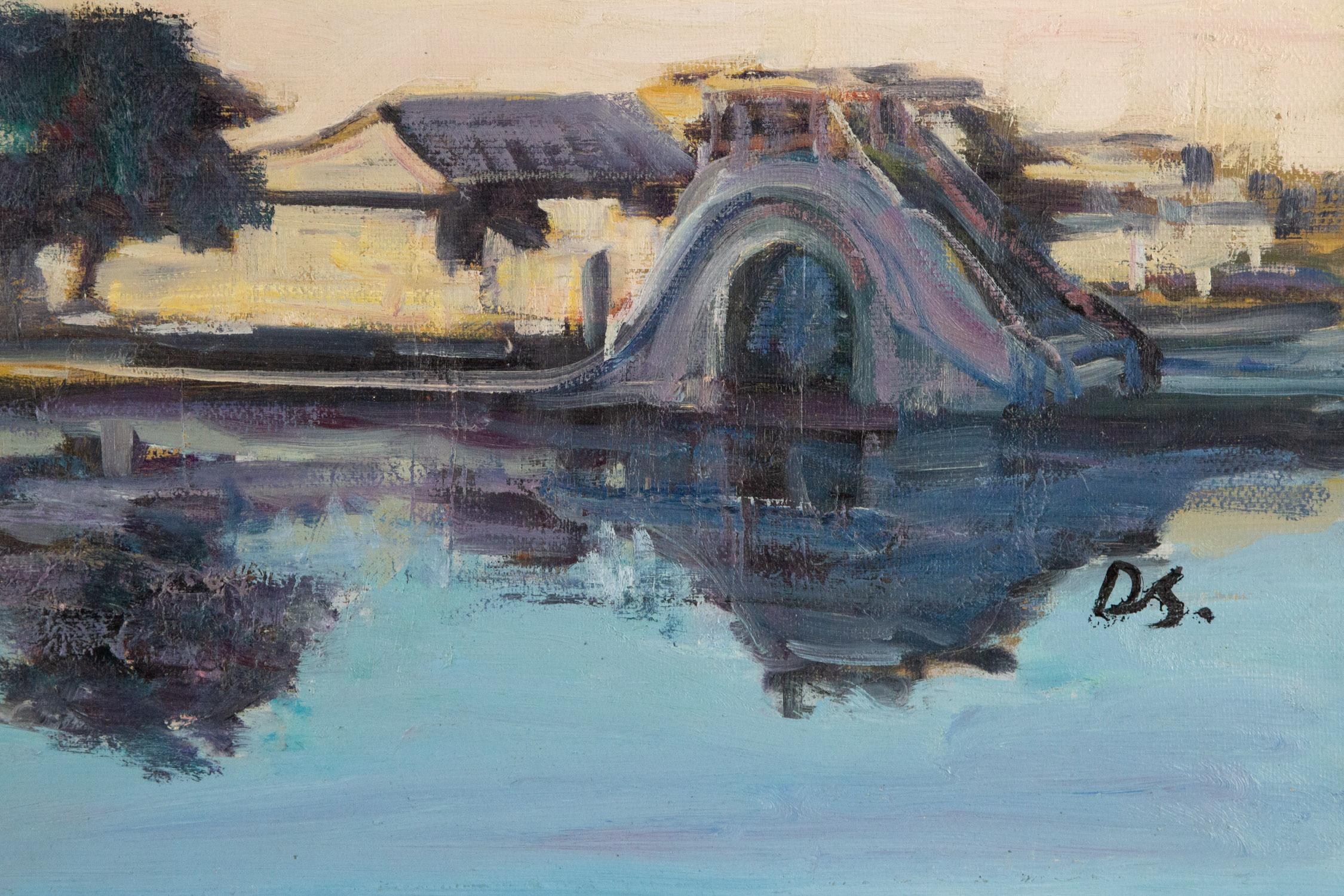 Peinture à l'huile originale sur toile « Water Town Sunset » de Dejun Wang, paysage de ville en vente 4