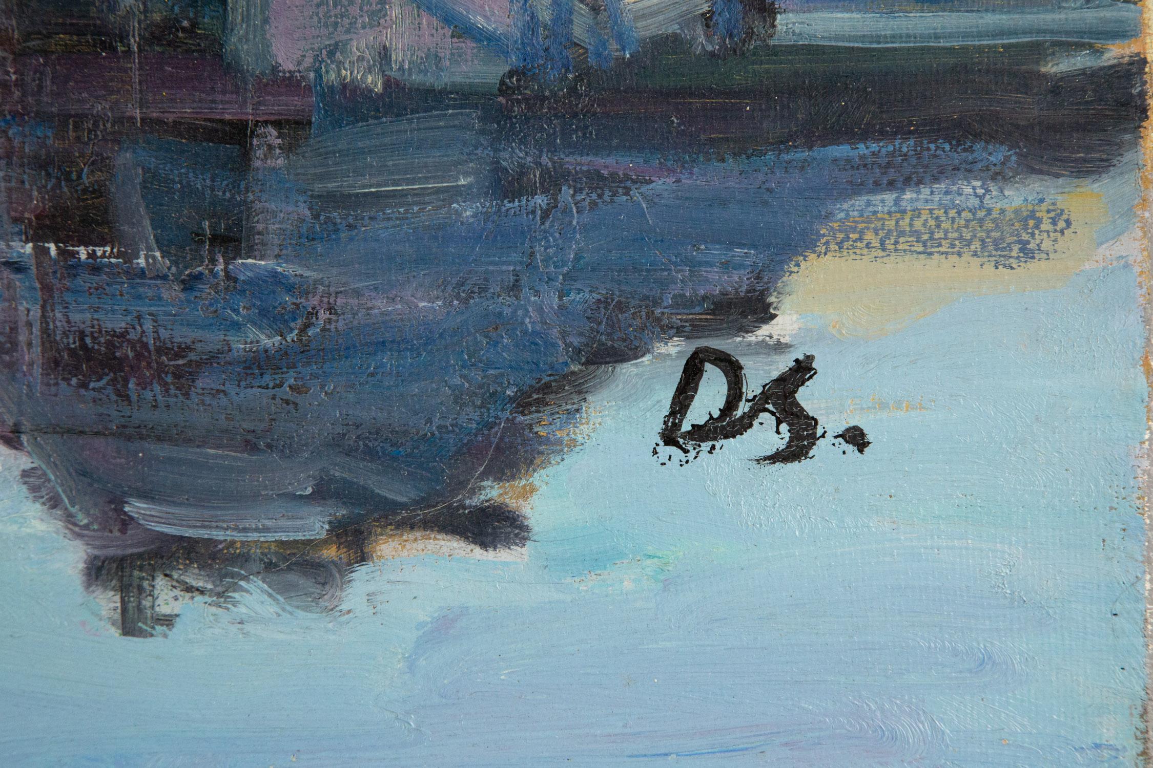 Peinture à l'huile originale sur toile « Water Town Sunset » de Dejun Wang, paysage de ville en vente 5