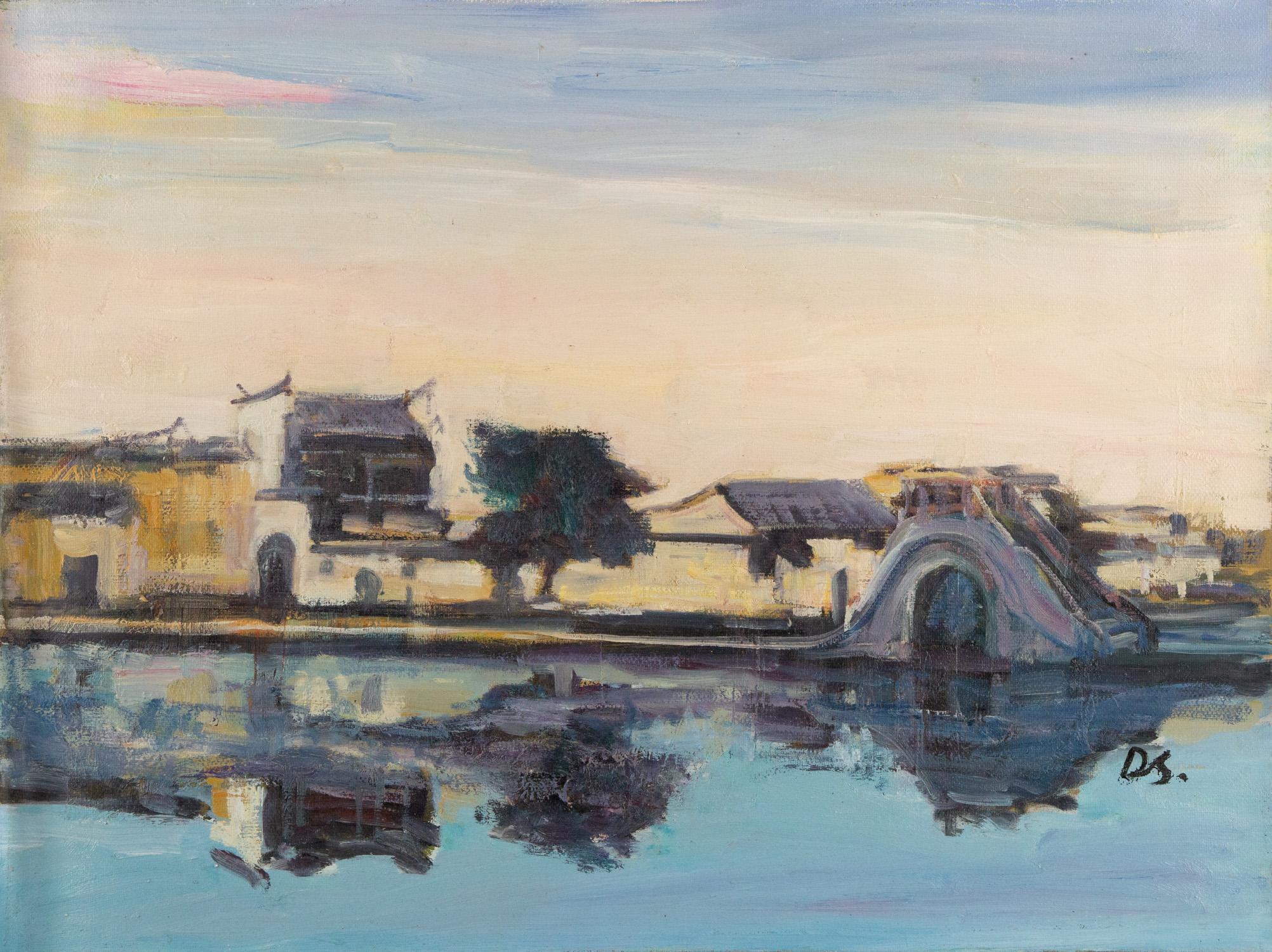 Title: Water Town Sunset
Medium: Oil on canvas
Size: 23 x 31 inches
Frame: Framing options available!
Condition: The painting appears to be in excellent condition.
Note: This painting is unstretched
Year: 2000 Circa
Artist: Dejun Wang
Signature: