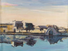 Dejun Wang Landscape Original Oil On Canvas "Water Town Sunset"
